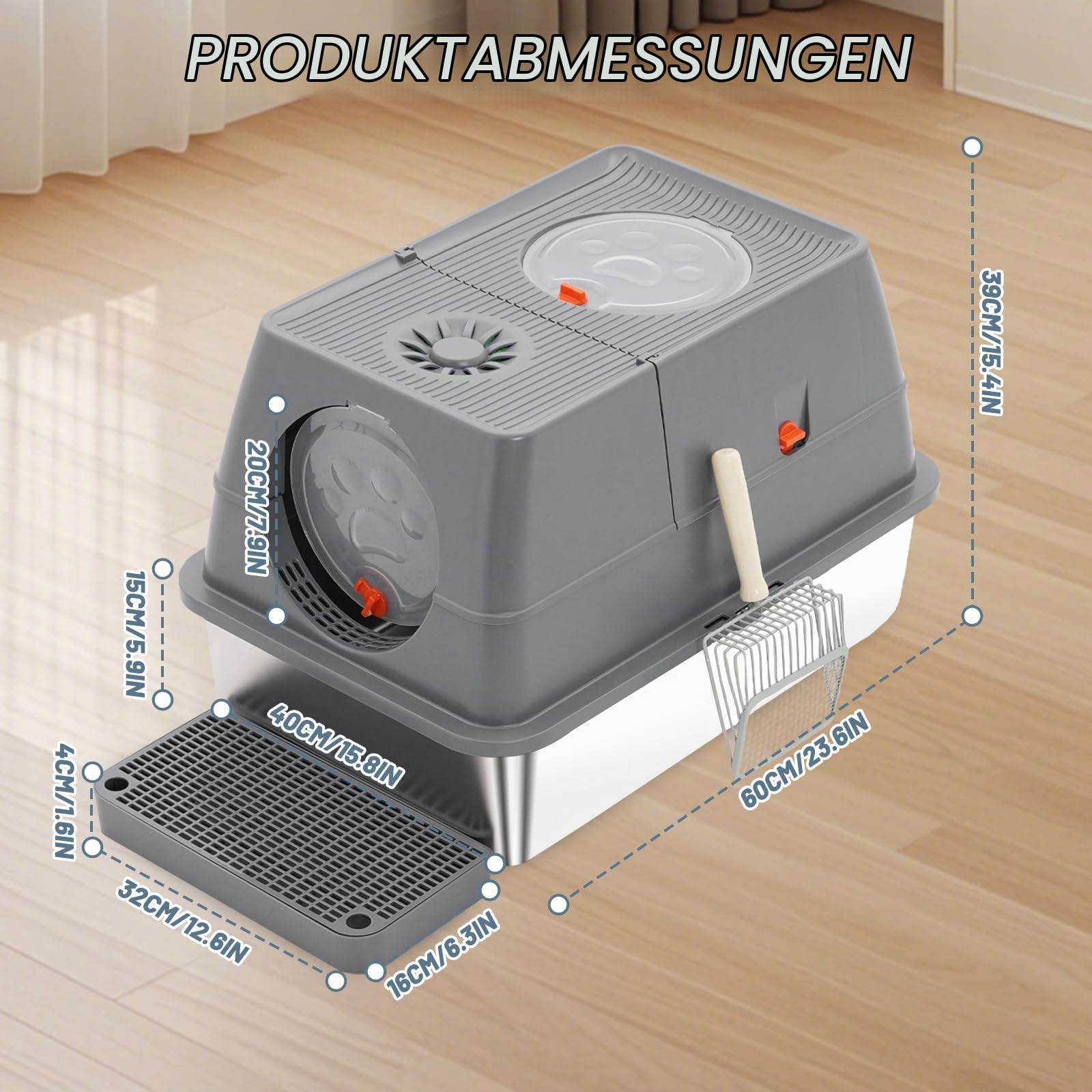 Katzenklo Edelstahl mit Deckel, XXL Katzenklo Große Katzentoilette Edelstahl aus für Große Katzen mit Hohem Rand, Metal Cat Litter Box, Nicht Klebrig (Grau)