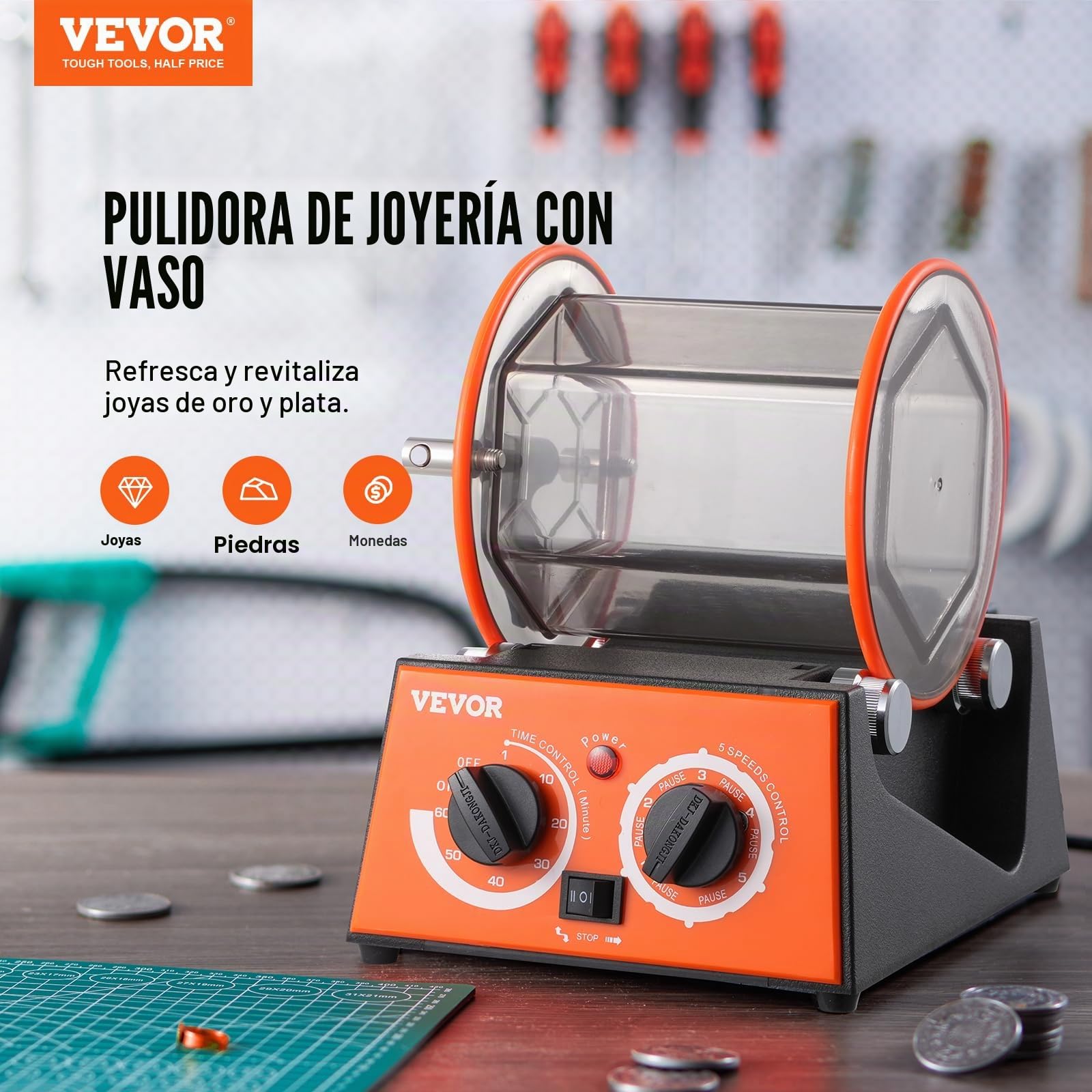 VEVOR Máquina Pulidora De Joyas con Vaso Giratorio 3kg 45W Pulidora de Joyas de 5 Velocidades 0-60 min Pulidora de Tambor Giratorio Ajustable Acción Bidireccional para Pulir Piedra Roca Hierro Joyero