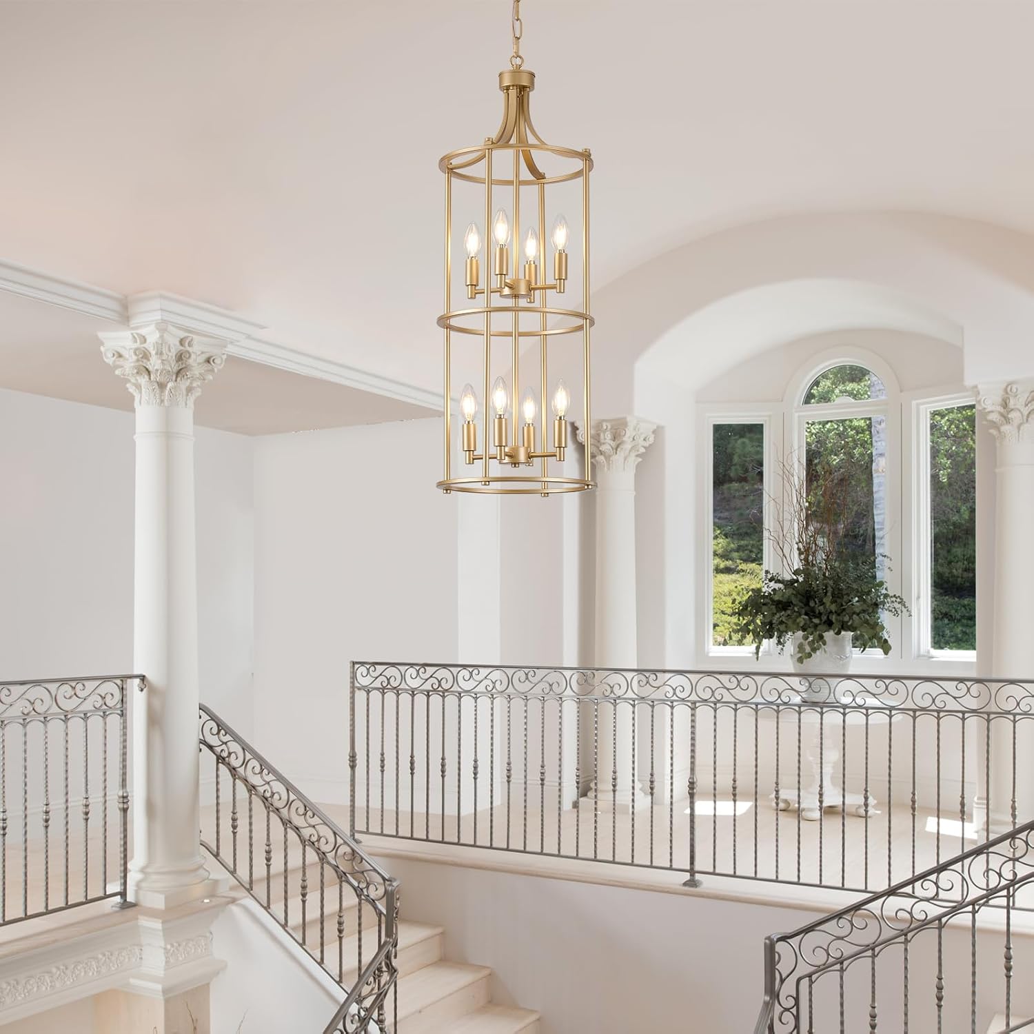 Foyer Chandeliers for High Ceilings, Lantern Tiered Gold Chandelier Light Fixture Metal Modern Farmhouse Pendant Lights for Kitchen Island Entryway Staircase Living Room Dinning Room (Gold)