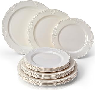 SILVER SPOONS PARTY DISPOSABLE 30 PC DINNERWARE SET | 10 Dinner Plates | 10 Salad Plates | 10 Dessert Plates | Heavyweight Plastic Dishes | Fine China Look | (Vintage Collection - Cream)