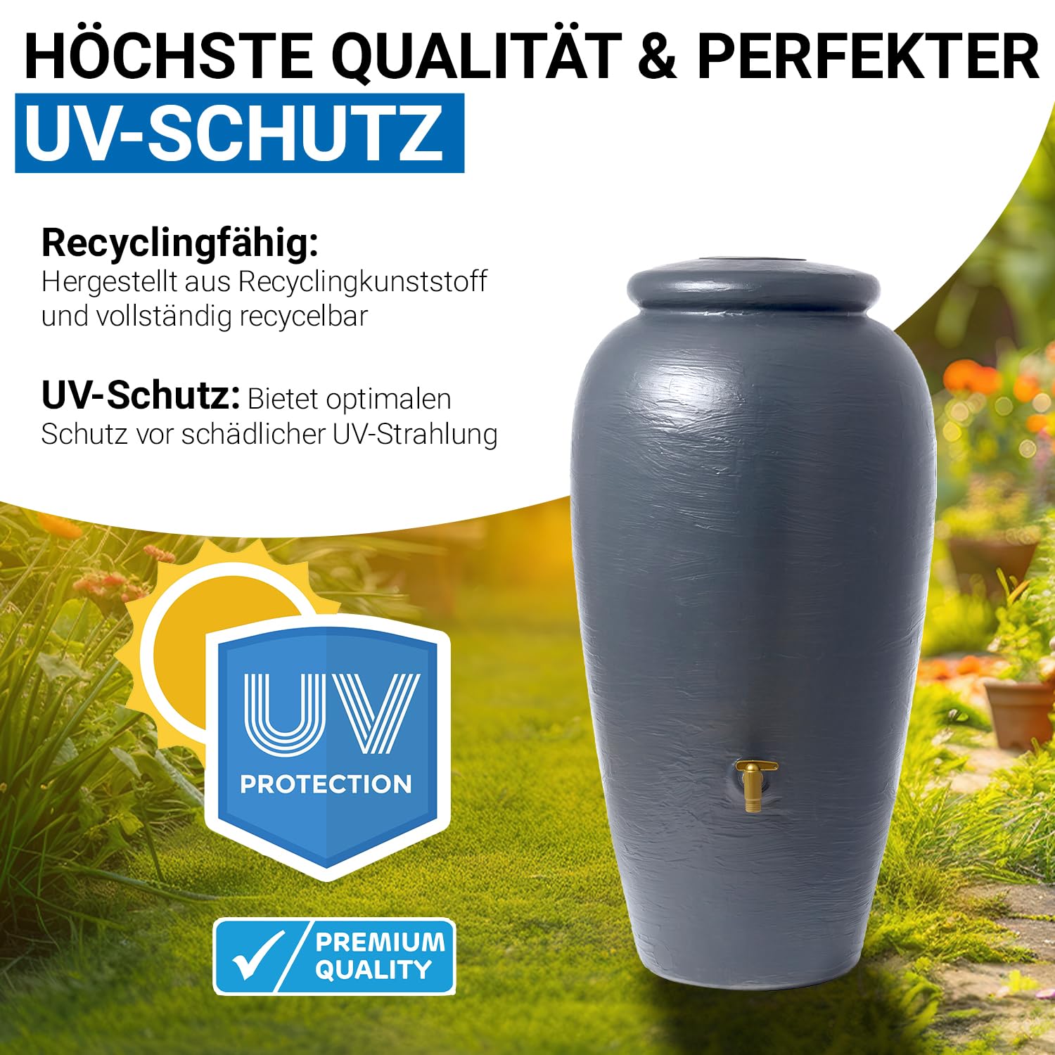 4rain Amphora Regentonne 220 Liter Graphitgrau Regenamphore mit Auslaufhahn | Anschluss-Set Frostsicherer Regenwassertank Regenwassertonne Wassertonne für Garten Wasserfass Amphoren-Optik