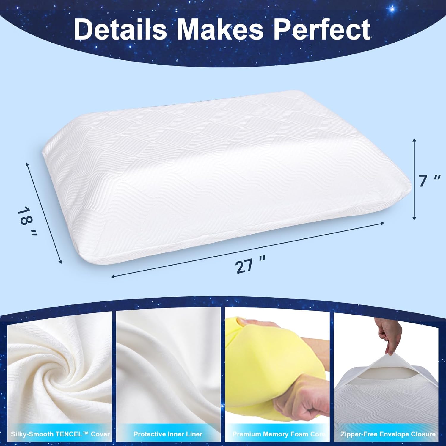 7" high loft memory foam pillow for side sleepers, extra thick firm pillow for broad shoulders & large frames, high profile support pillow with breathable washable cover