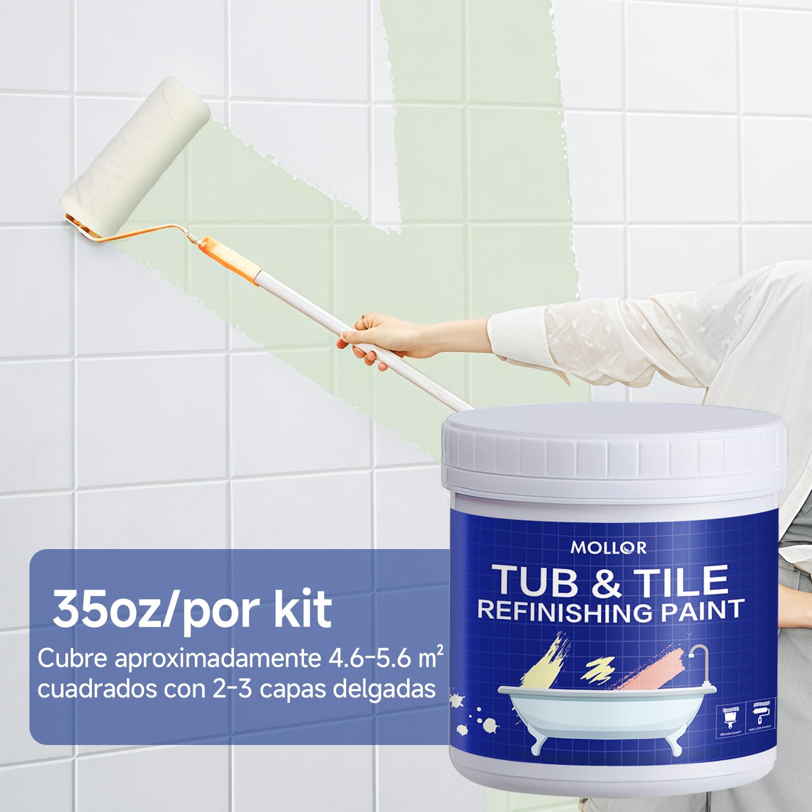 Kit de renovación bañeras y azulejos con herramientas, 35oz pintura blanca water-based, bajo olor, DIY, fácil uso, semi-brillante, 4.6-5.5m²