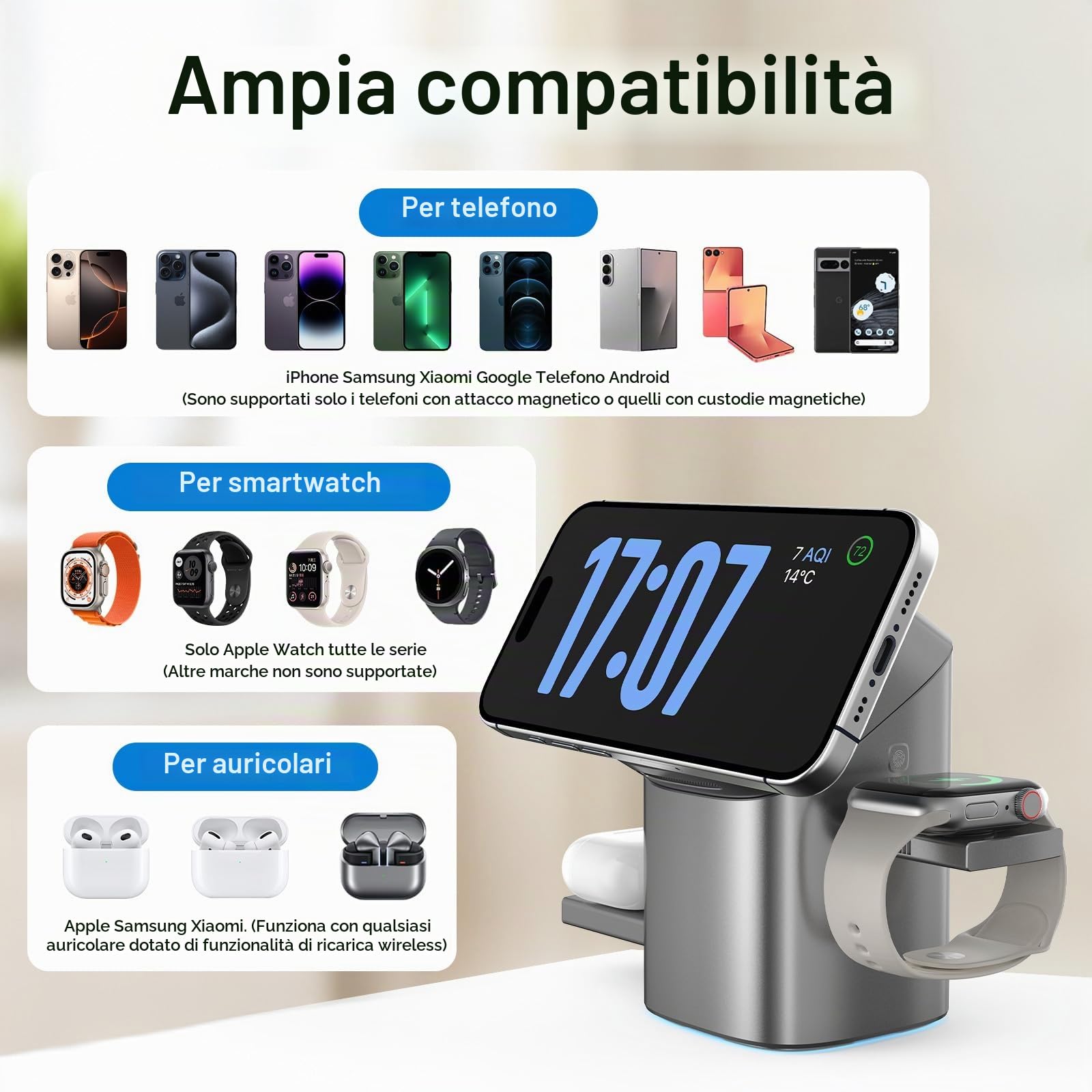 Stazione di ricarica a induzione 3-in-1 QI2, di ricarica wireless, la ricarica rapida, supporto per telefono compatibile con iPhone, AirPods, iWatch, con ventola di raffreddamento 33 W argento