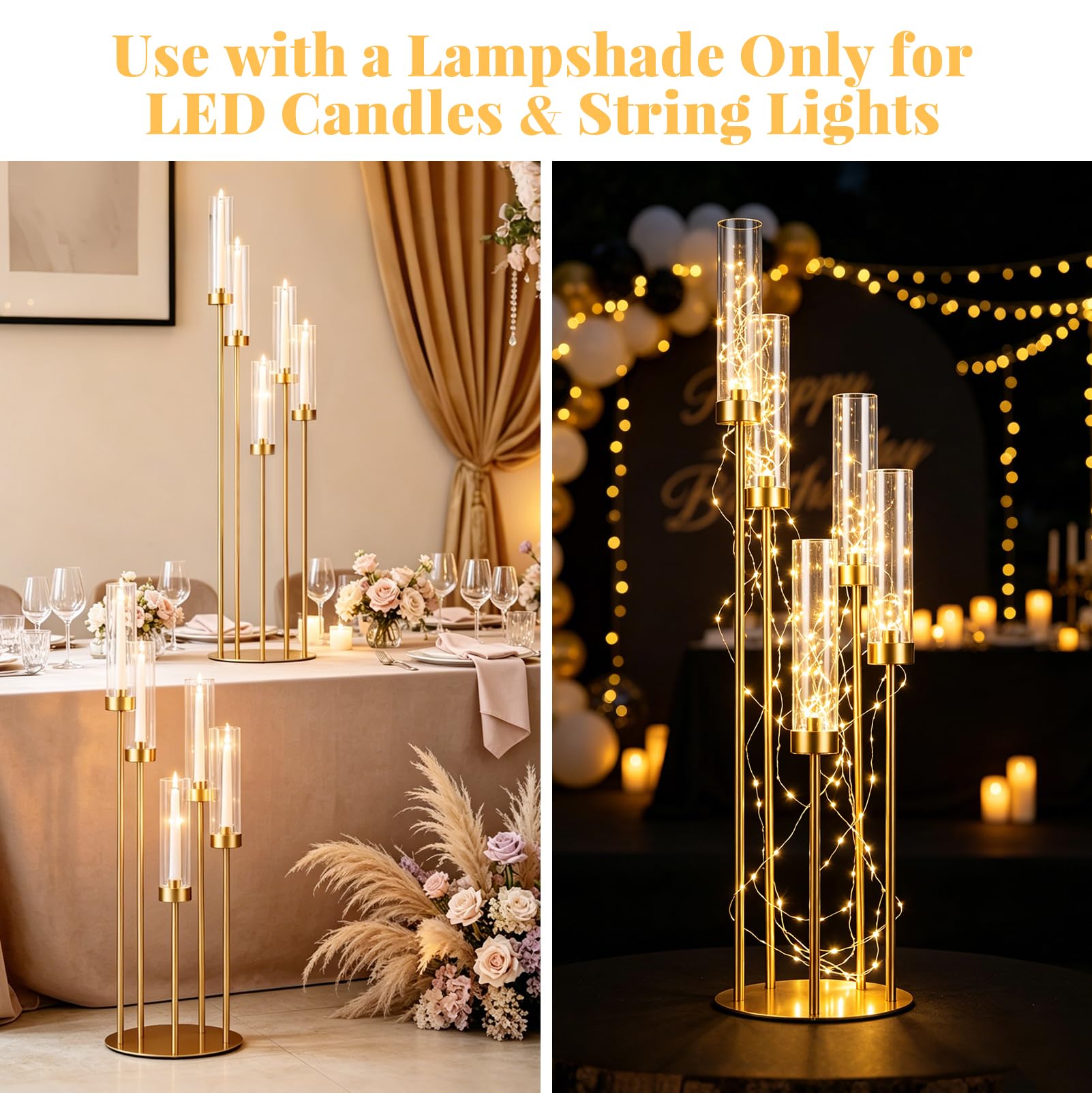 Set di 4 Candelieri in Metallo a 5 Bracci, Altezza 66-106 cm | con Paralume in Acrilico, Ideali per Matrimoni, Decorazioni per la Casa (compatibili con candele a LED)