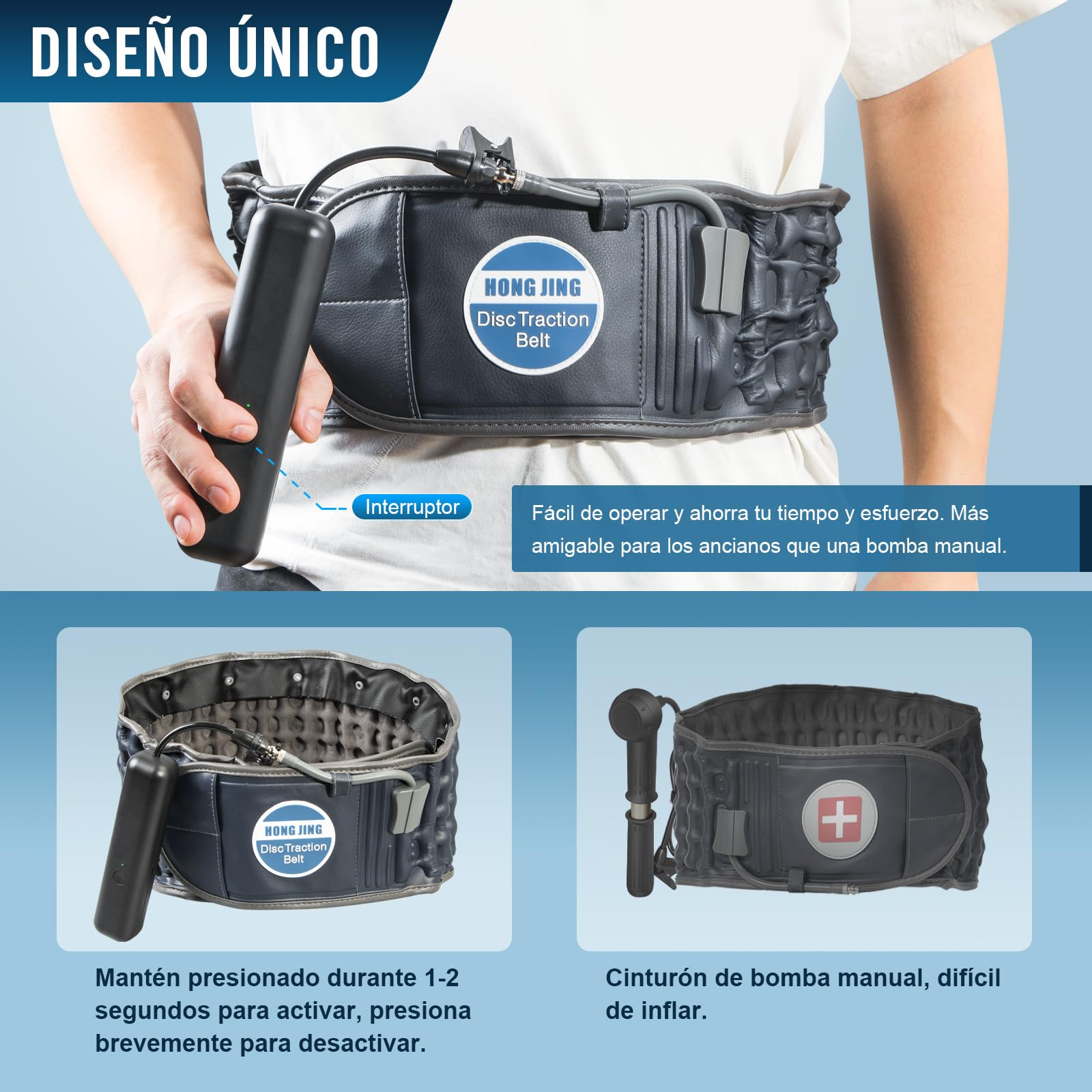 HONGJING Cinturón de Descompresión con Bomba Eléctrica para el Alivio del Dolor de Espalda - Soporte Lumbar Inflable para Hombres y Mujeres, Talla Única para Cintura 29-49