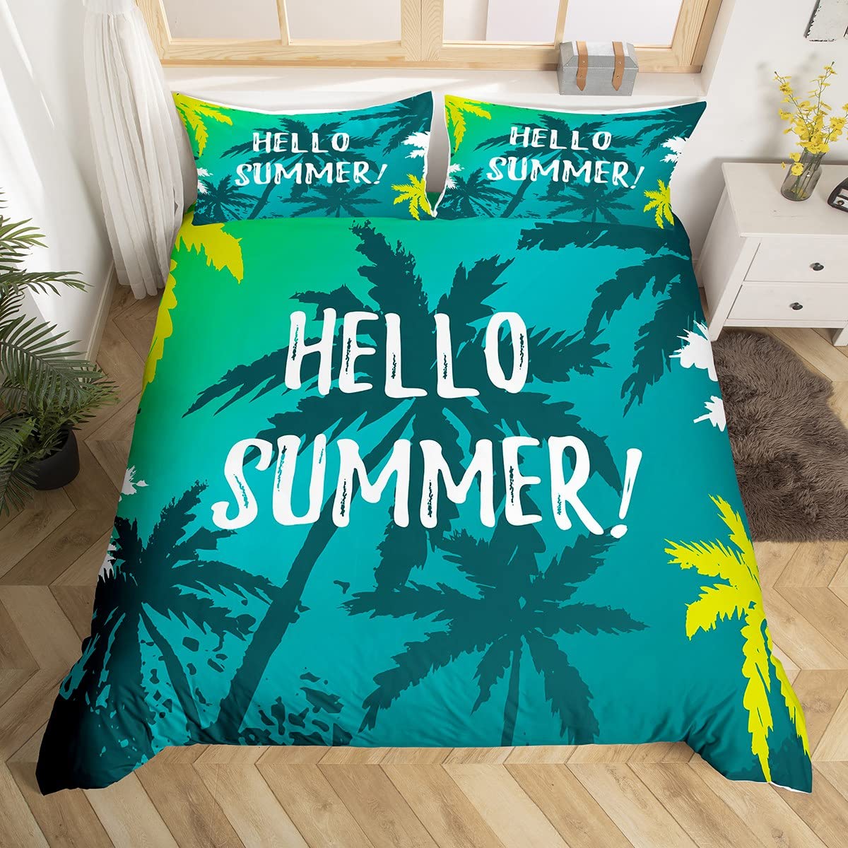 Summer Beach Kids Duvet Cover Set Double Size,Coconut Trees Tropical Plants Bedding Set,Teens Adults Room Decor,Palm Leaves Hawaii Chic Comforter Cover,Green Romantic Quilt Cover,2 Pillowcases โ image 1