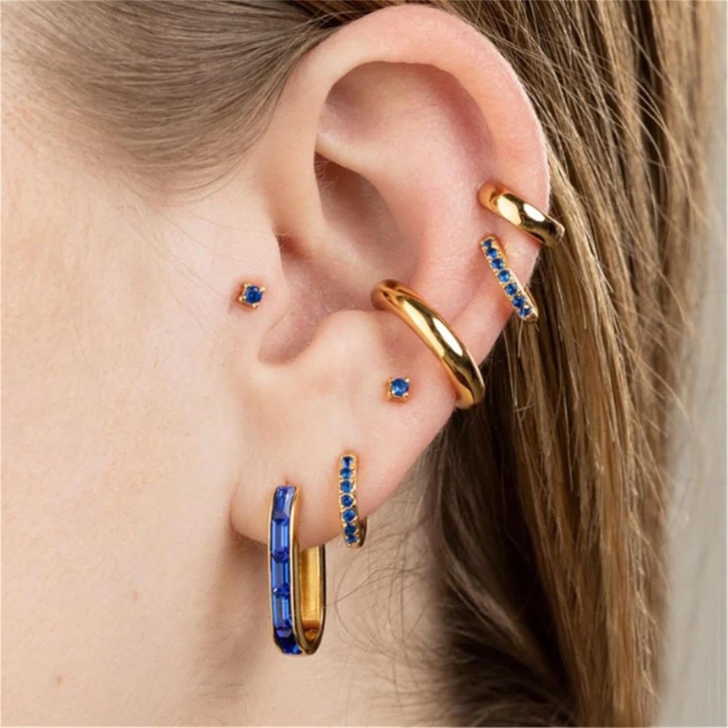 Women's Hoop Earrings 925 Sterling Sliver Cubic Zirconia Huggie Hoop Earrings Baguette Earrings Hypoallergenic Gold Hoop Earrings for Women (Blue) - Image 2