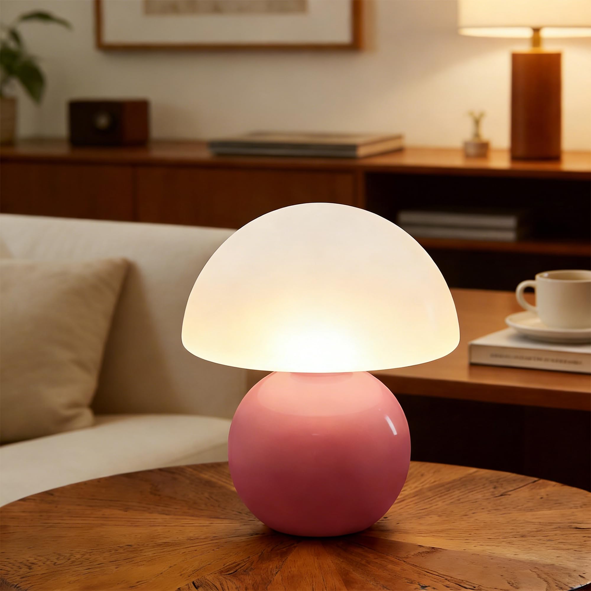 Led Dimmbar Tischleuchte Deko Wohnzimmer, Nachttischlampe Tischlampe, Schlafzimmer Tischlampen, Mushroom Bedside Table Lamp, Keramikbasis Glas Klein Nachtlampe（Pink）