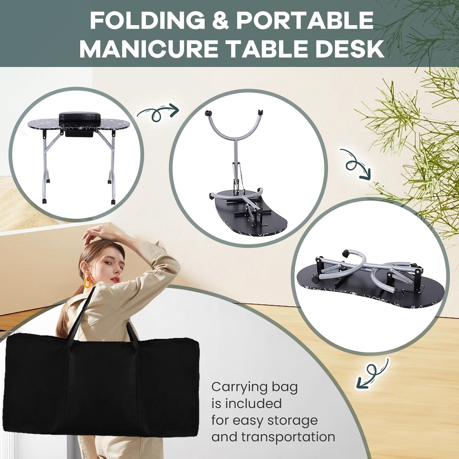 Nail Table- WELLHUT Portable Manicure Tables with Carrying Bag, Salon Station Foldable Nail Desk with Large Drawer, Wrist Rest, Lockable Wheels for Home Spa Beauty Salon Mobile Nail Tech