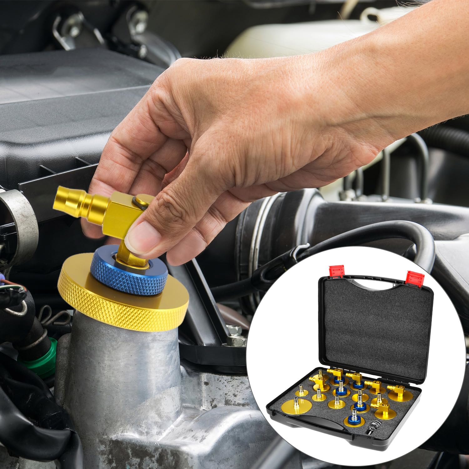 QWORK® Kit Adaptador de Purga de Frenos con acoplador rápido, Kit de 17 Piezas Conector de Cilindro Maestro Chapado en Oro para la Mayoría de los Vehículos