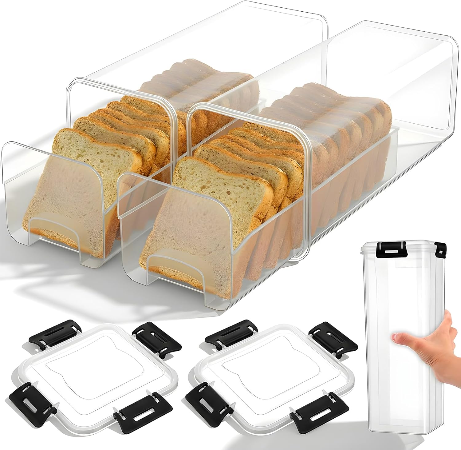 2 Pack Bread Storage Container with Tray, Airtight Plastic Bread Box & Loaf Keeper, BPA-Free Bread-Saver for Homemade Bread-, Translucent White