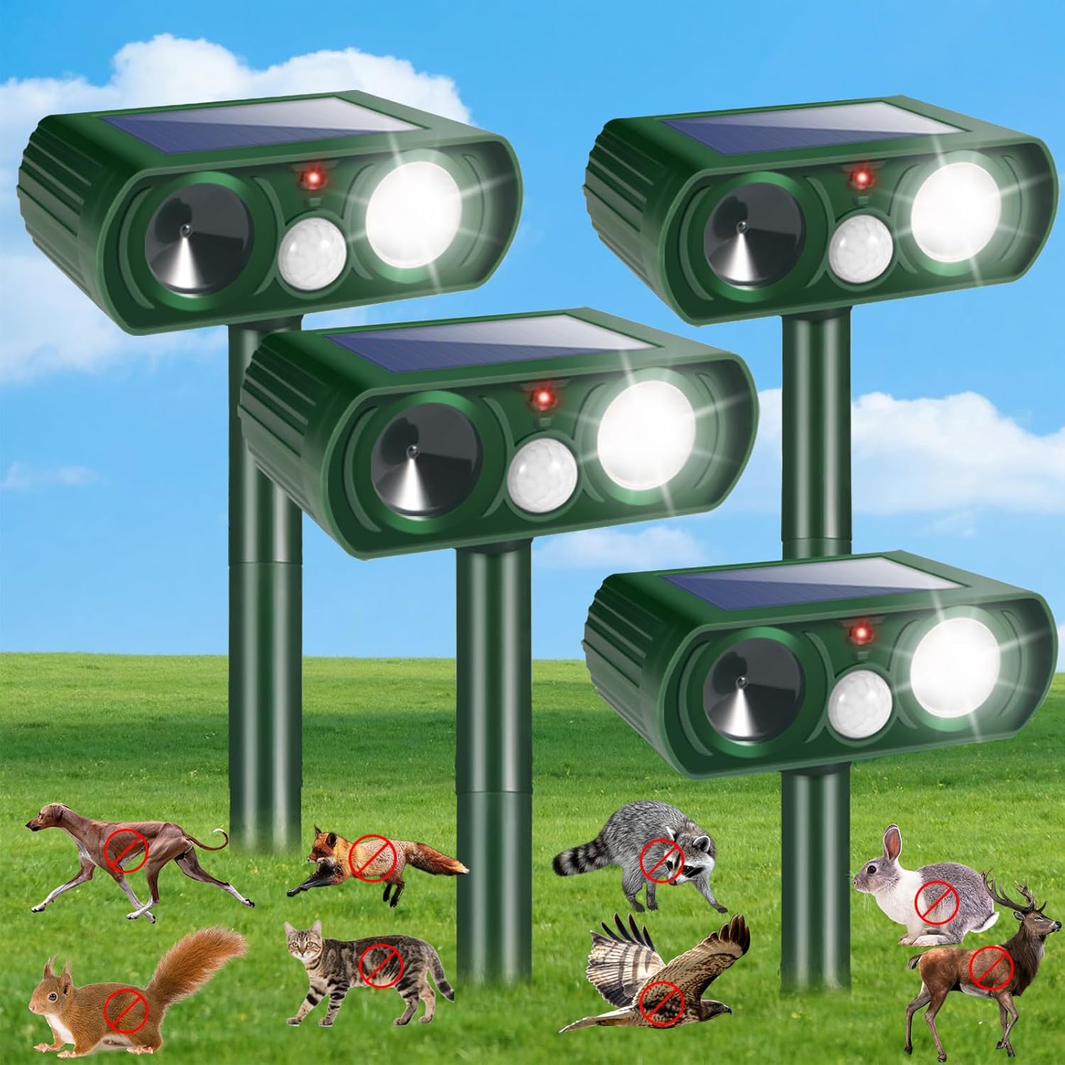 4 Pack 2025 Solar Ultrasonic Repeller Outdoor Cat Deterrent Deer Repellent Devices Motion Detection Squirrel Dog Raccoon Skunk Rodent Rabbit Deterrent Waterproof Animal Repellent Flash Light for Yard