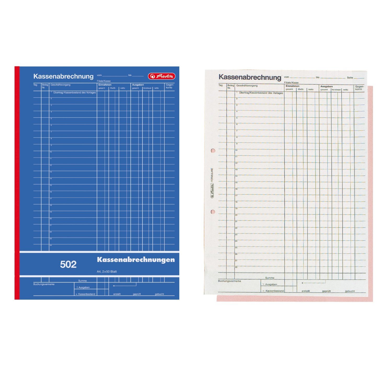 Herlitz 882415 Kassenabrechnungsbuch 502, Karton, A4, 2x50 Blatt blau (5er Spar-Pack)