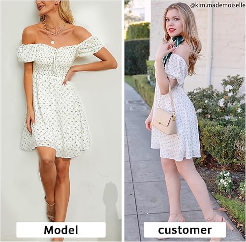 Miniatura 2 de Byinns - Vestido corto con escote corazón para mujer, vestido de manga corta abombada con cordón y cintura alta y estampado floral