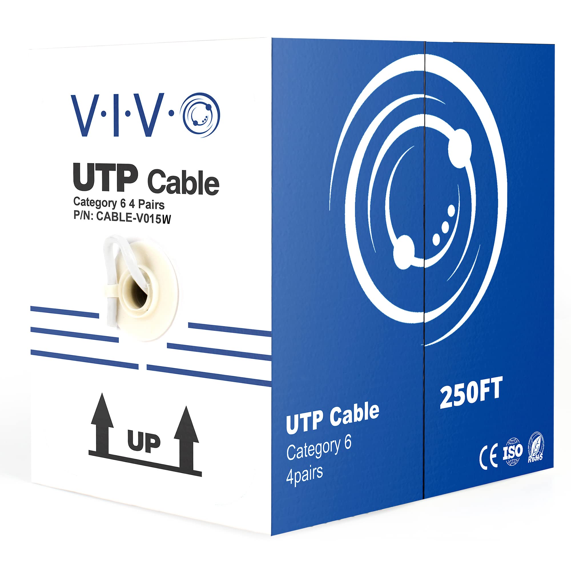 VIVO Cable Cat6 a granel de 250 pies, cable Ethernet CCA, 23 AWG, caja de tracción UTP, red LAN, blanco, CABLE-V015W