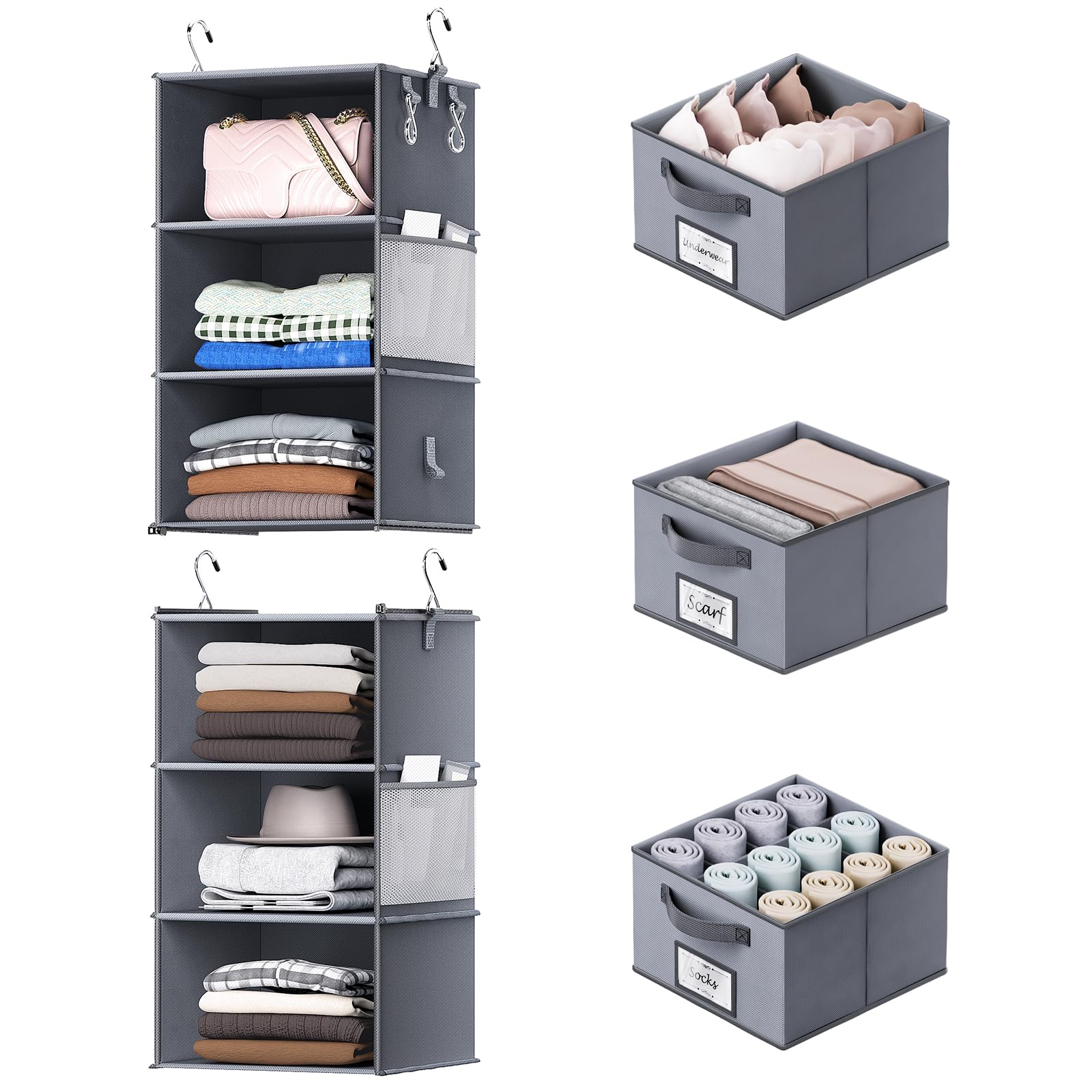 Uamector Hanging Closet Organizer 6 Shelves, Separable Closet Organization and Storage with Drawers & Side Pockets & Hook, Bedroom Wardrobe Clothes Organizer for Closet (Silver Gray)