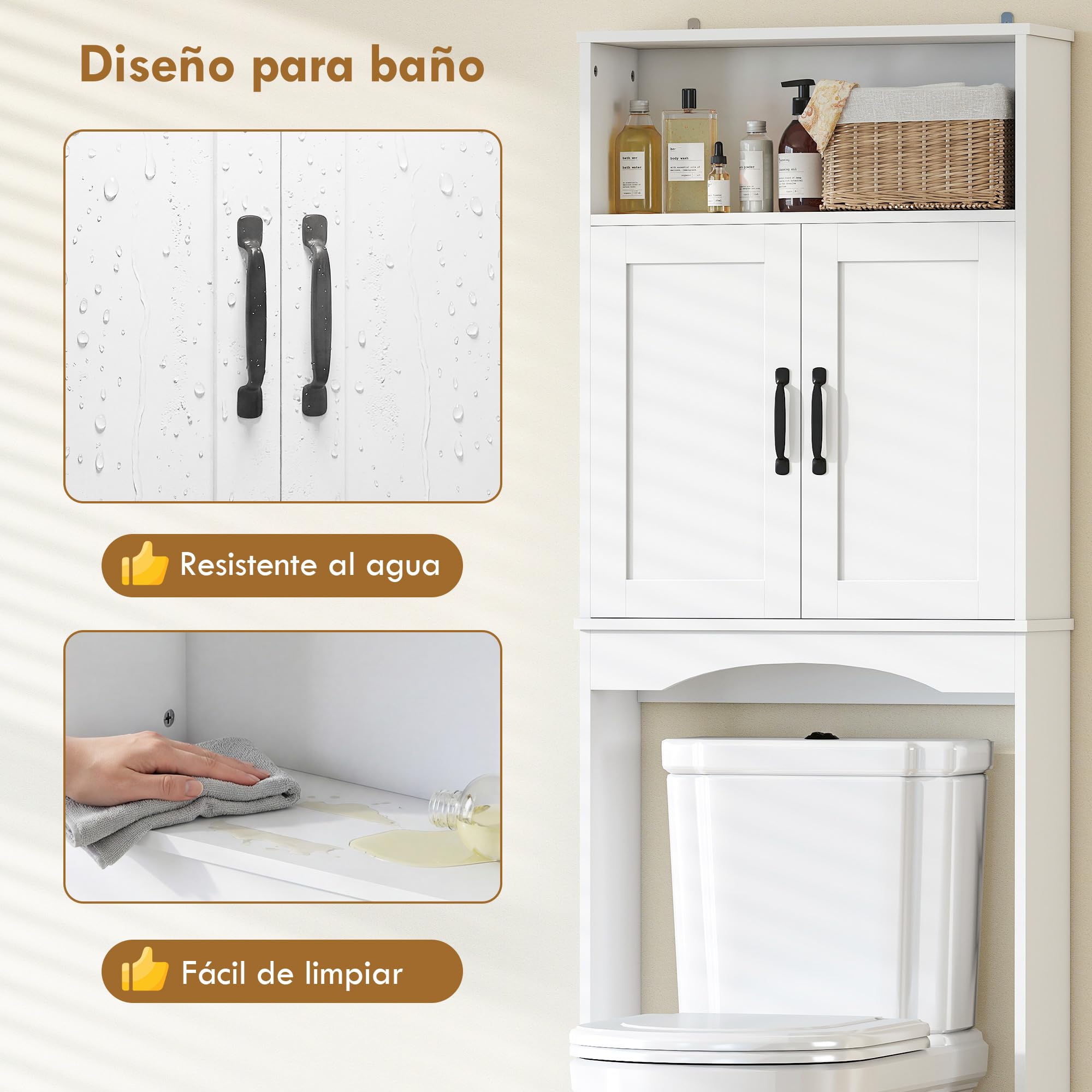 HOMCOM Mueble sobre Inodoro, Armario sobre Inodoro, Mueble de Baño con 2 Puertas de Cierre Silencioso, Estante Abierto para Lavanderías, Espacios Pequeños, 64x21x173,5 cm, Blanco