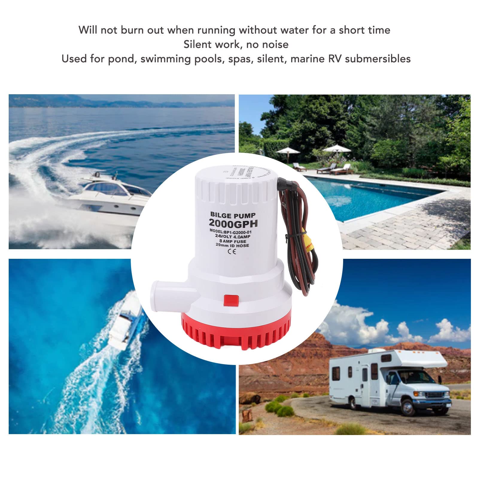2000 GPH Bilge Pump for Pond Pool, Smooth Operation, Prevent Burnout, Plastic, Easy to Install & Remove Filter Unit (24V)