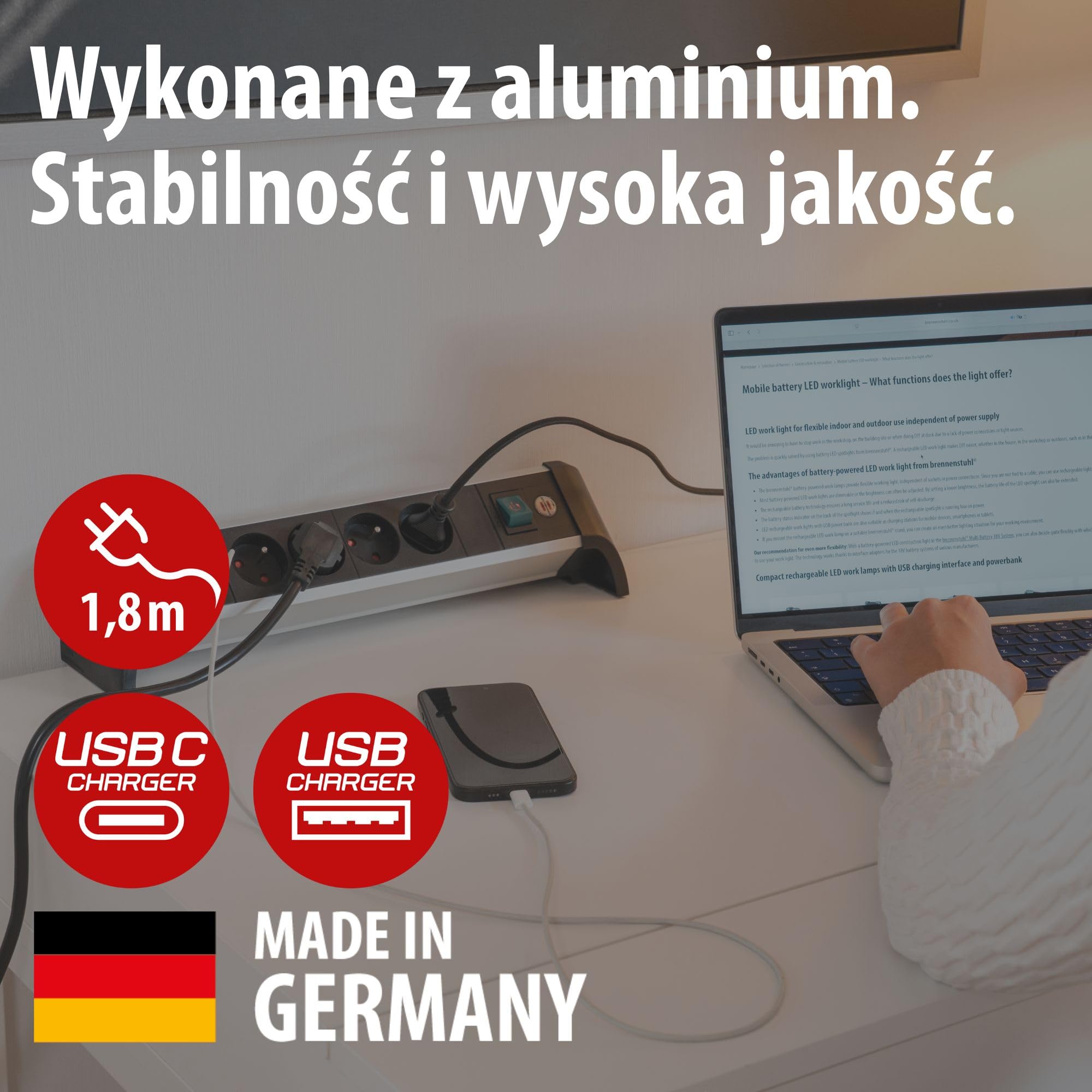 Brennenstuhl Alu-Office-Line Listwa zasilająca z 4 gniazdami i USB C PD 30W i USB A 18W (Made in Germany, gniazdo wielogniazdowe idealne do biura, kabel 1,8 m, z przełącznikiem)