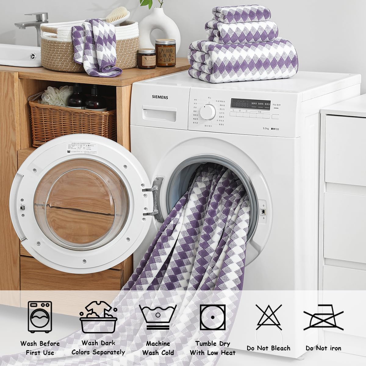 12 Pcs Purple White Diamond Towel Set-4 Bath Towels,4 Hand Towels,4 Washcloths Soft Polyester Bath Sheet with Loop Absorbent Shower Towel Quick Dry Beach Chair Towel Family Towels for Bathroom Spa Gym
