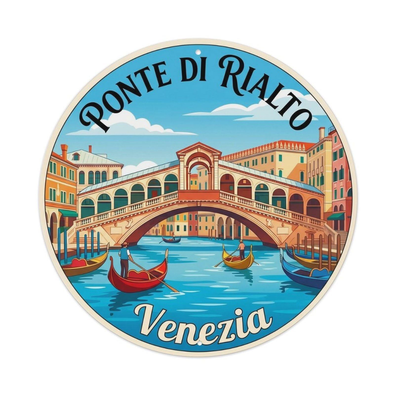 Vintage Travel Rialto Bridge Venice Metal Tin Sign Plaque Wall Decor for Cafe, Club Bar, Office, Home Garden Round Metal Poster 8x8Inch