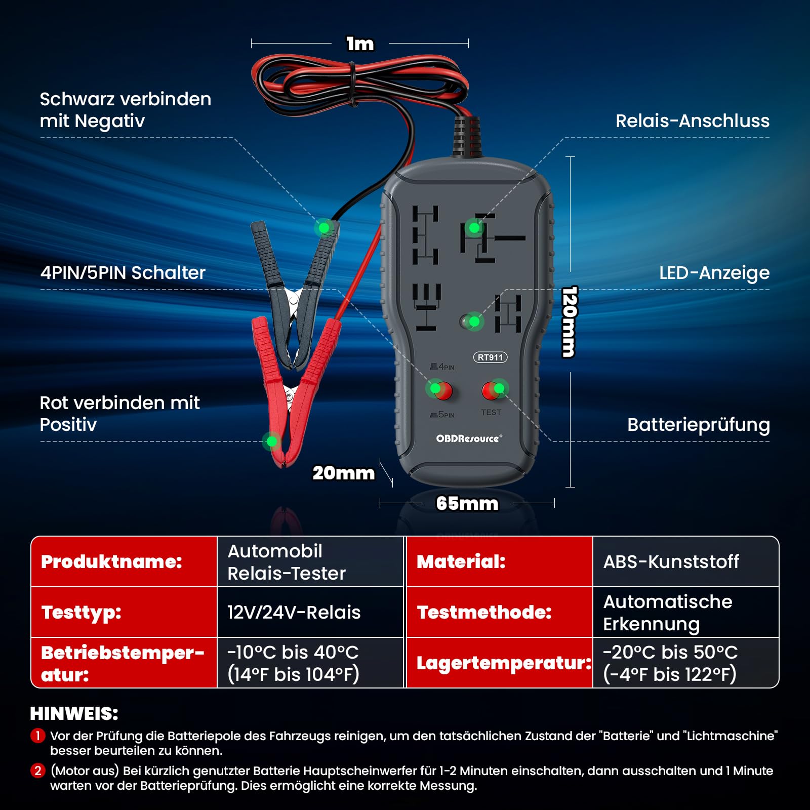 Relay Tester, 12V/24V Tester Batteria Auto, Automotive Relay Tester, Relè Elettronico Analizzatore Strumento Diagnostico, Strumento Diagnostico Con Clip, Adatto Per Automobili e Motociclette