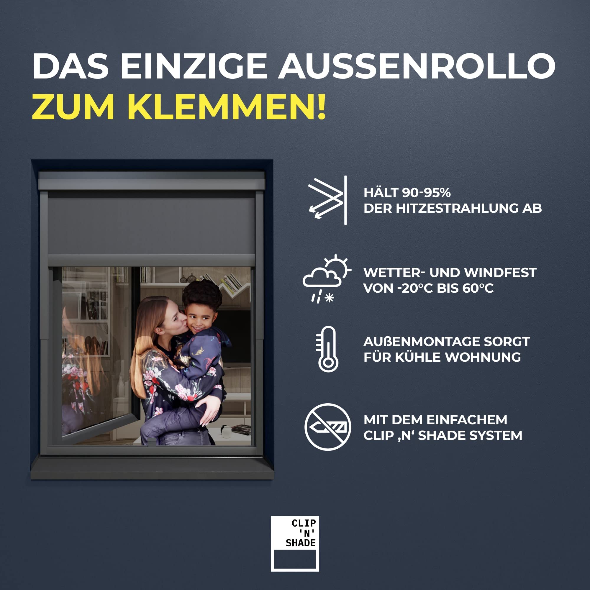 CLIP'N'SHADE Grigio – Tenda a rullo per esterni contro il calore, persiana, privacy e oscuramento, per finestre, protezione dal calore senza fori (larghezza 70 cm, altezza 143 – 160 cm, trasparente)
