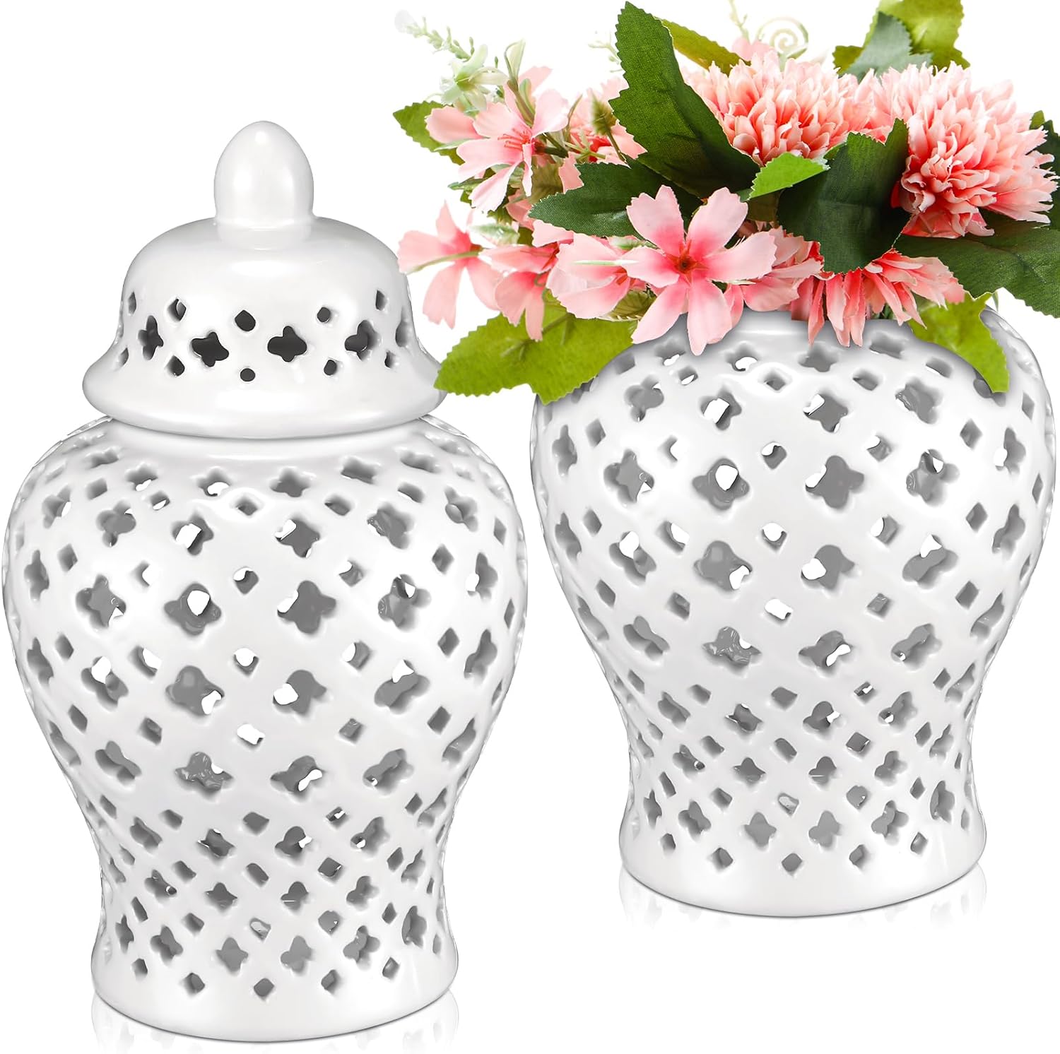 Zhehao 2 Pcs Ginger Jars for Home Decor 8.7 Inch Tall Ceramic Ginger Jar Modern Ceramic Hollow Out Handicraft Flower Vase with Lid for Home Office Party Wedding Decor(White)