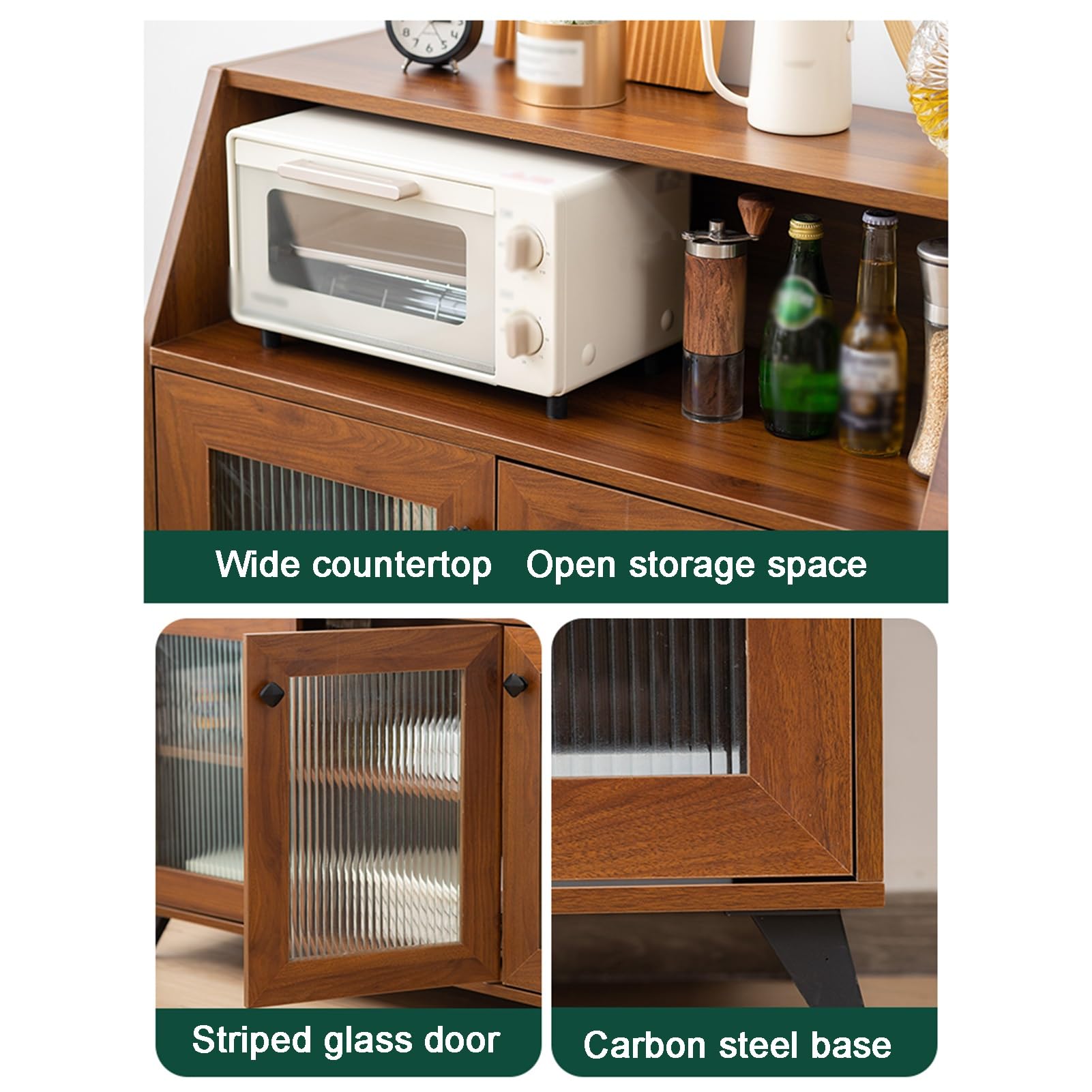 Aparador moderno Buffet Armario de almacenamiento de cocina con puertas de vidrio a rayas comedor gabinete consola mesa licor/acento armario organizador (marrón 80 x 35 x 90,4 cm)