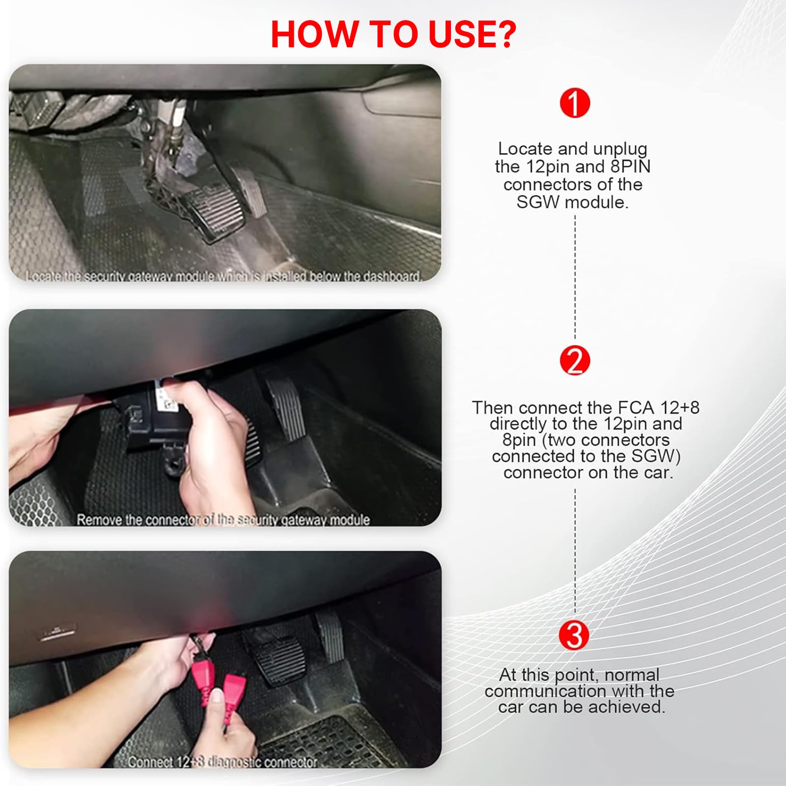 Cable OBD de derivación de seguridad de 12+8 pines conector adaptador 12+8 para vehículos Chrysler SGW equipados FCA compatible con la aplicación JScan para diagnóstico apto para escáneres