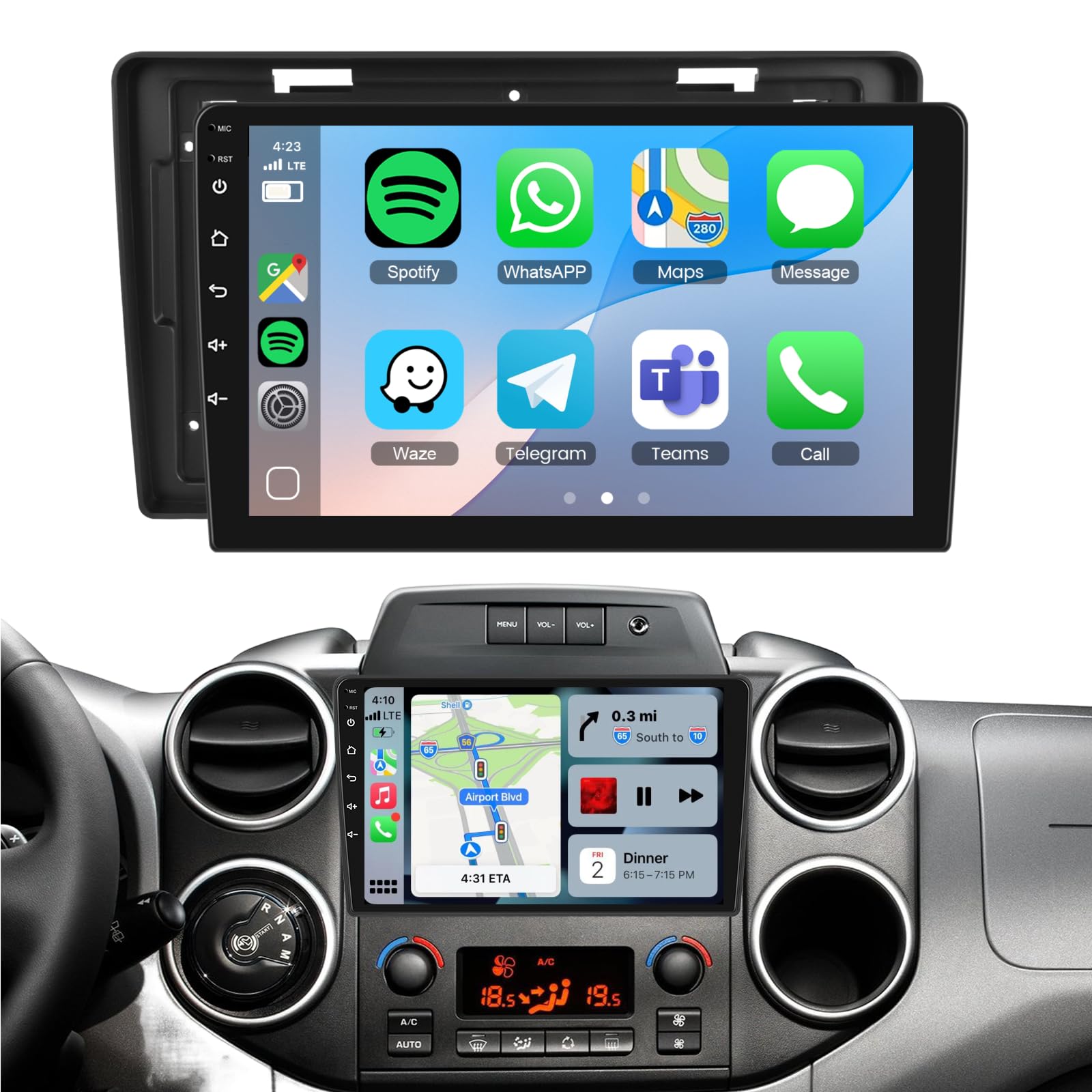 Podofo Autoradio Carplay pour Citroën Berlingo 2015-2018, Autoradio 9" à écran Tactile 2G+64G avec Carplay sans Fil Android Auto, Bluetooth/GPS/WiFi/FM/RDS/SWC/HiFi/USB+Caméra arrière