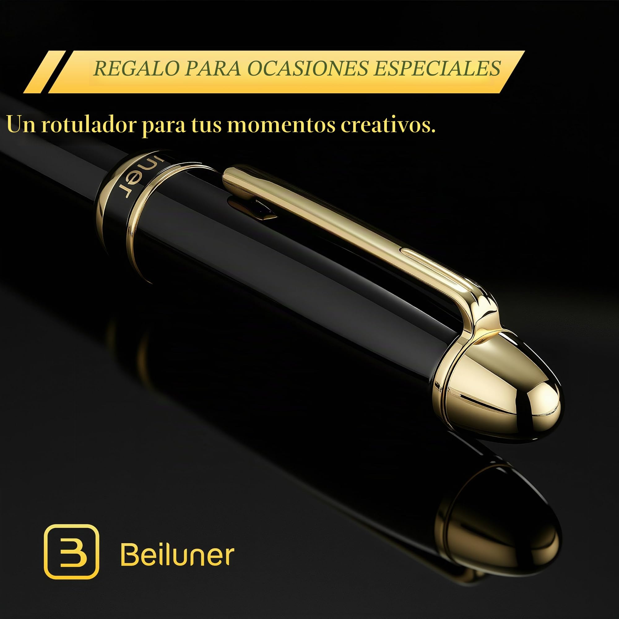 BEILUNER 315 Bolígrafo Roller de Lujo, Acabado en Oro 24K Premiun y Laca Piano Pulida, Set de Regalo Ejecutivo para Profesionales y Graduados, Estilográfica de Oficina Refinada - Negro y Oro