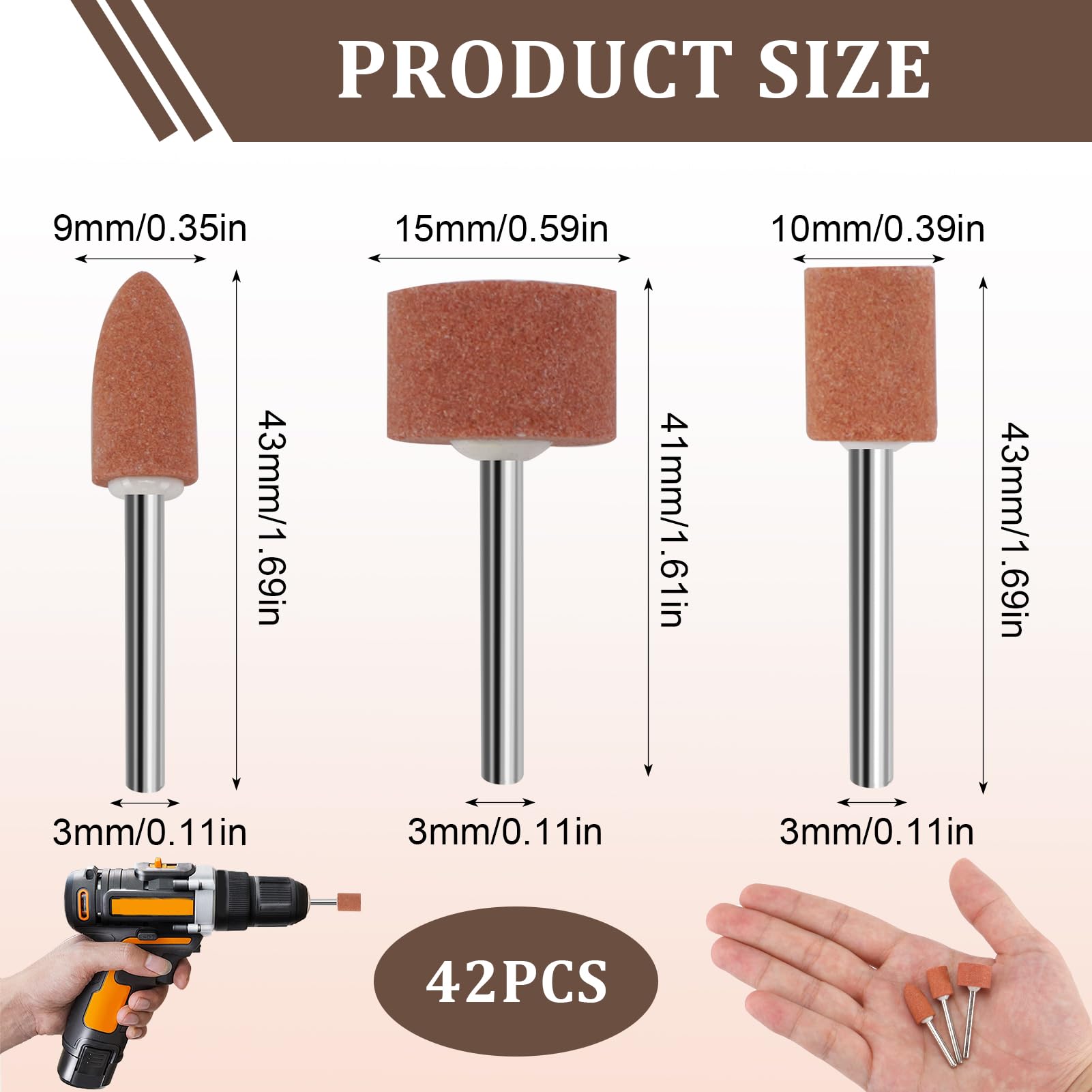 42 Pezzi Accessori per Smerigliatura in Ossido di Alluminio con Gambo da 1/8", Compatibili con Utensili Rotativi, per Affilare, Levigare e Rimuovere su Metalli e Legno