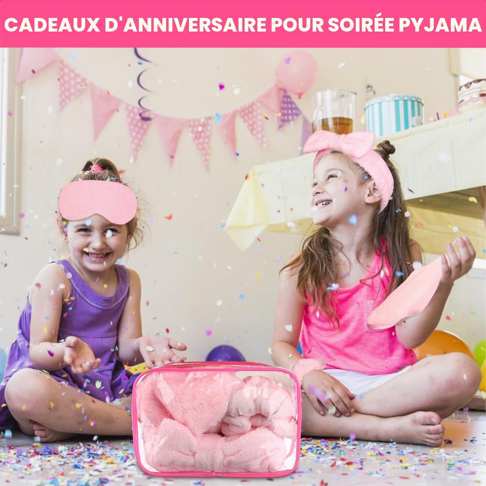 Lot de 30 accessoires de fête pyjama pour filles comprenant 6 bandeaux à nœud rose, 6 masques de sommeil en peluche, 6 chouchous en velours, 6 chiffons démaquillants et 6 trousses cosmétiques en PVC