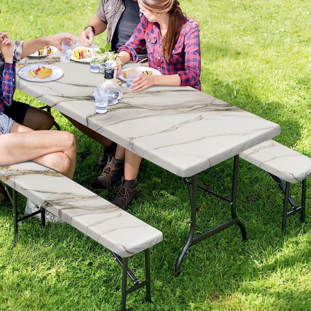 White Marble Picnic Table and Bench Fitted Tablecloth Covers Set 3 Pieces Windproof Camping Table Cover with Seat Covers Reusable Table Cover Camping Gear