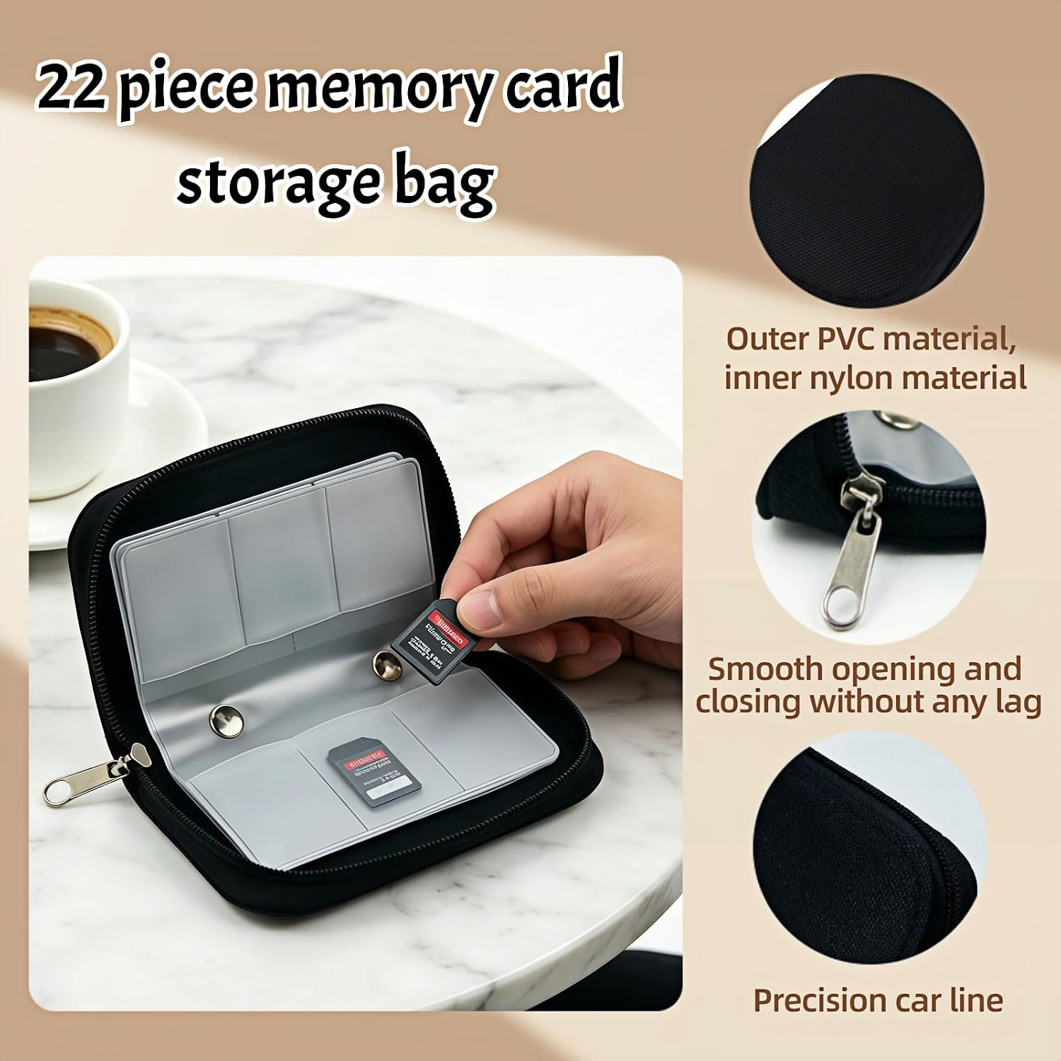 Memory Card Storage Carrying Pouch Case, Holder Wallet for CF/SD/SDHC/MS/DS, Fashion and Durable Solid Color 22 Card Slot for Media Storage Organization (Black)
