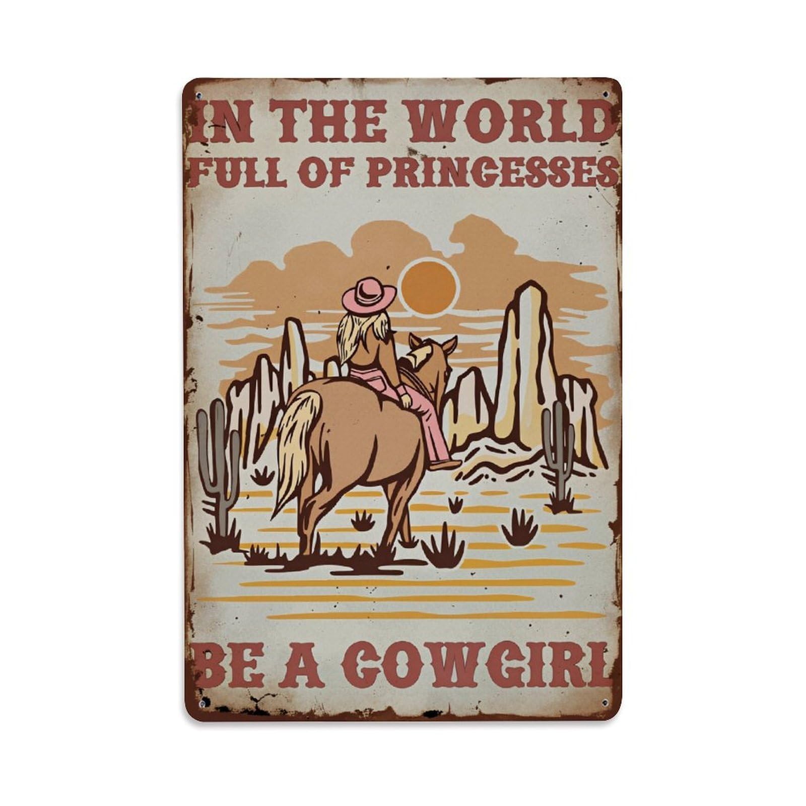 Enderetf Vintage Cowgirl Riding Horse Desert Sunset Cactus Tin Sign Metal Poster, Home Bar Garage Man Cave Cafe Indoor & Outdoor Wall Decoration 8X12inches