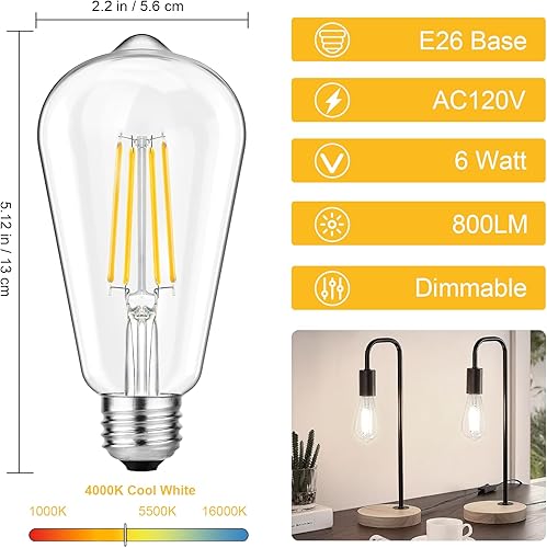 Miniatura 5 de Svater Bombillas LED Edison vintage, equivalente a 6 W, 60 W, luz blanca diurna de alto brillo 4000 K, bombillas de filamento LED antiguas ST58 con