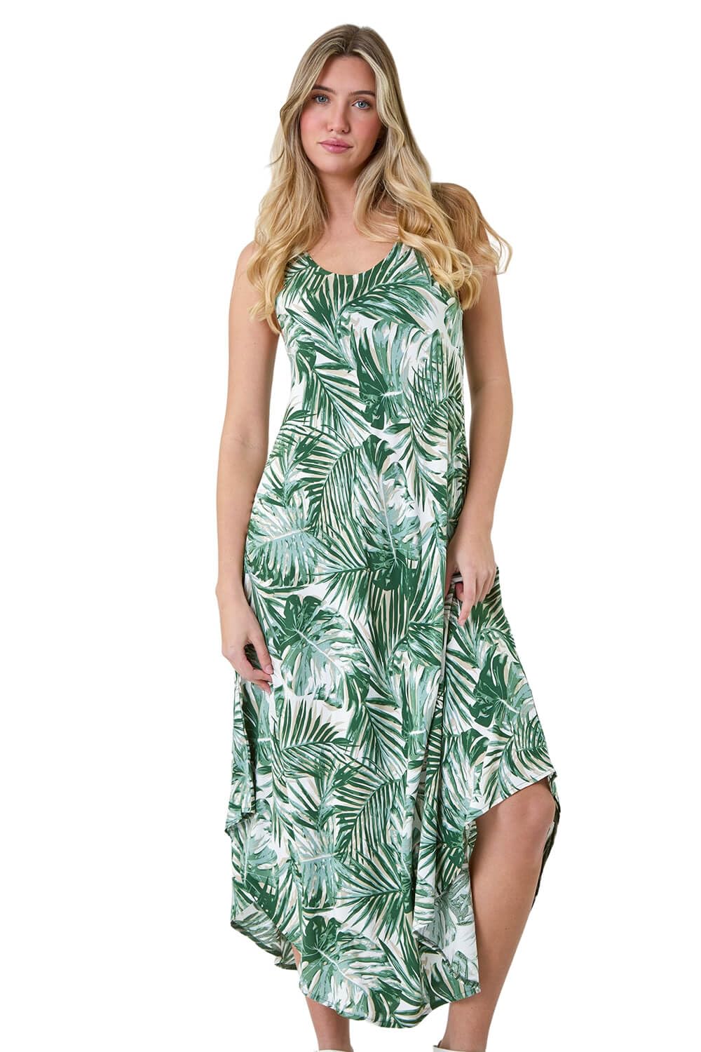 Dusk Fashion Abstract Print Hanky Hem Dress for Women UK - Ladies Everyday Holiday Spring Summer Scoop Neckline Comfy Soft Evening Vacation Work Party - Green & White - Size 10