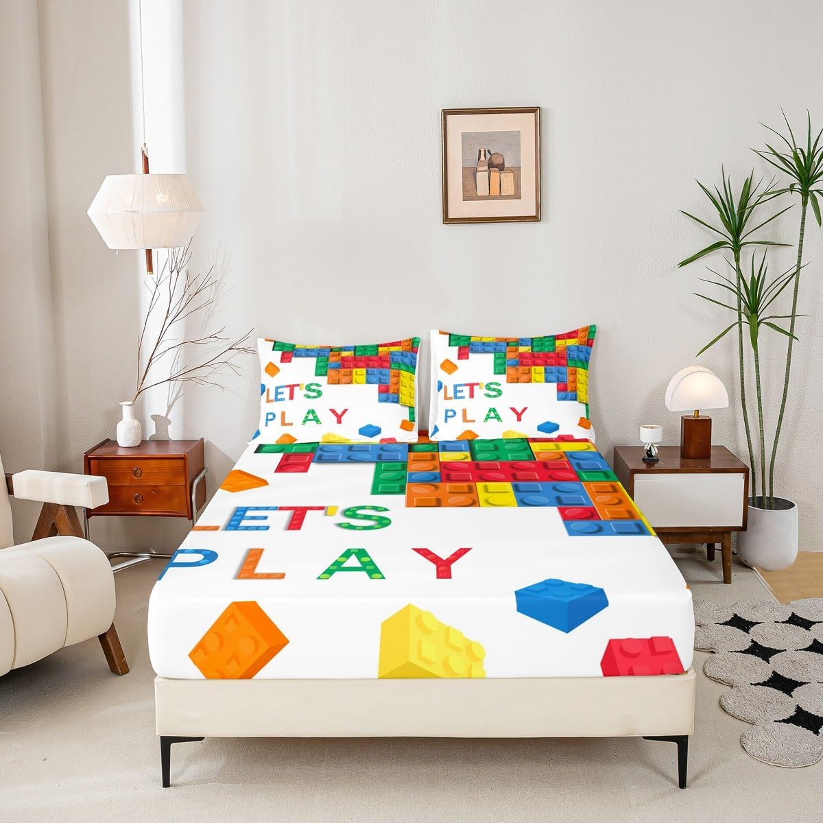Feelyou Building Block Print Sheet Set Queen Size Kids Brick Styles Sheets with Deep Pocket Fitted Sheet for Boys Teens Colorful Bed Sheets Set Gaming Room Decor