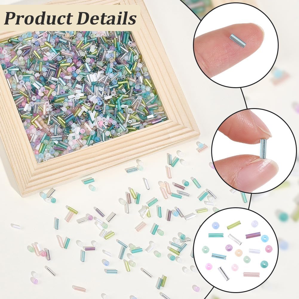 1 Box 16 Colors 2400PCS Glass Seed Beads Kit Transparent Coloful Frosted Round Bugle Tube Small Rainbow Clear Loose Spacer Bead Bulk for Jewelry Making Bracelets Necklace DIY Crafts Supply