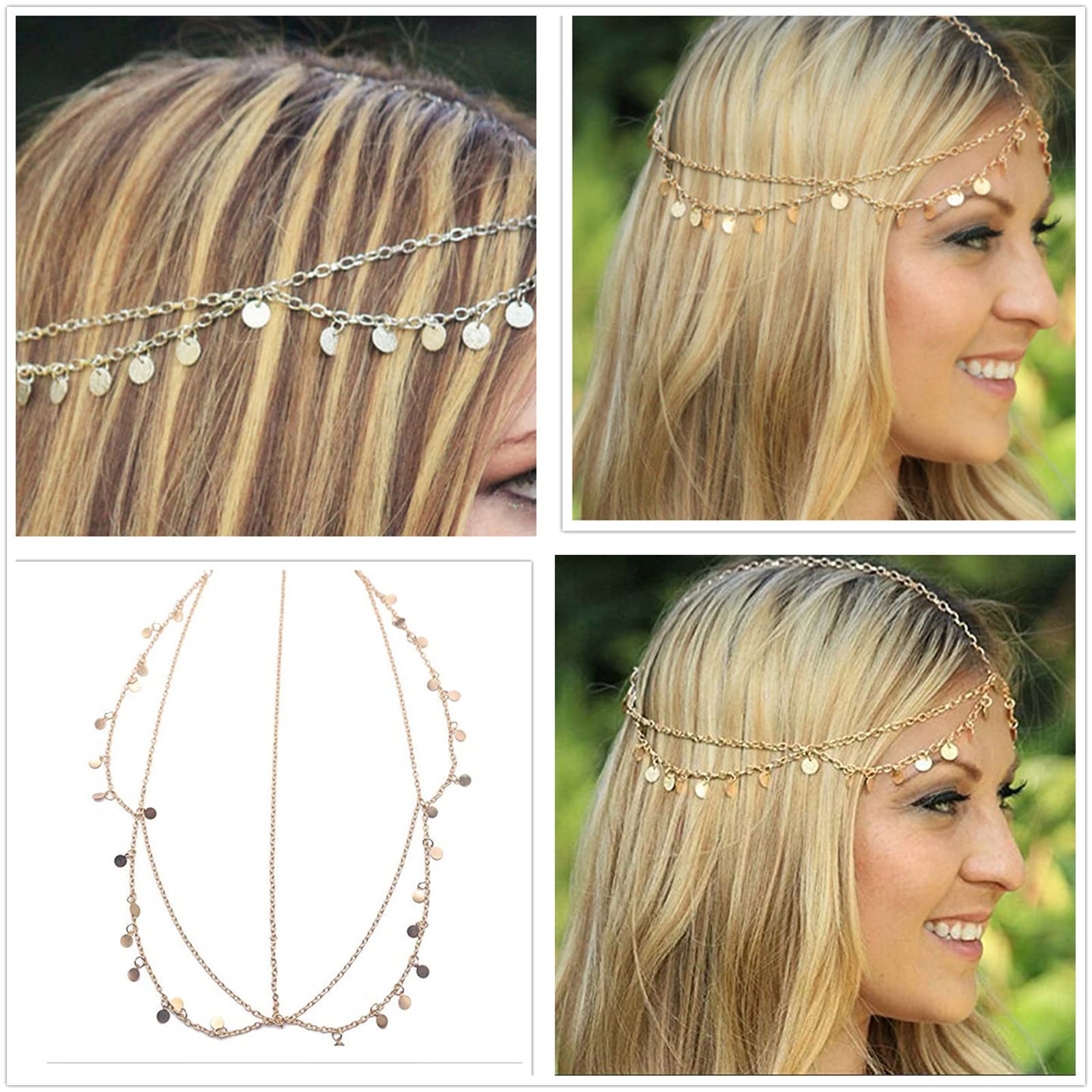 Condition photo showing New/Like New for Multi-Row Coins Belly Dance Wrap & Hip Scarf, Sequins Head Chain Festival Halloween Prom Costume Hair Accessories Headbands Headpieces for Women and Girls
