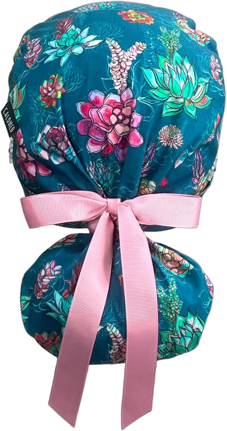 Scrub Cap for Women and Men, Ponytail Scrub Caps, Working Hat, Head Cover with Ribbon Ties and Buttons, Long Hair