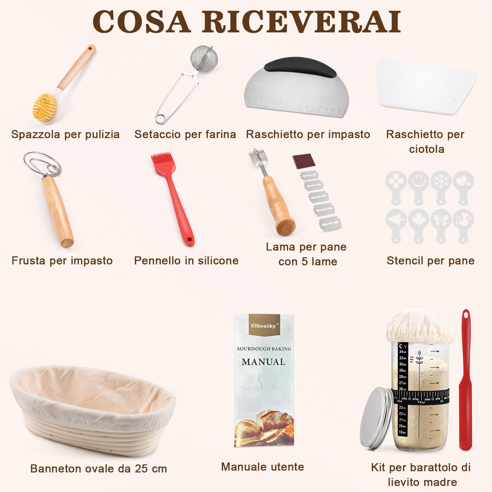 Set di Cestino Lievitazione Pane Ovale 25cm con Barattolo per Lievito Naturale da 650 Ml, Spatola in Metallo + Spatola in Plastica + Impastatrice + Lama per Pane, Ideale per Pasta Madre