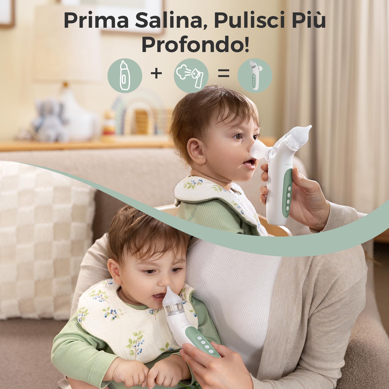 Momcozy BreezyClea Aspiratore Nasale Neonato Elettrico 2 in 1 con Spray, Aspirazione 65 kPa di Grado Ospedaliero, 4 Livelli Regolabili, Silenzioso e Portatile, Luce e Musica Calmanti