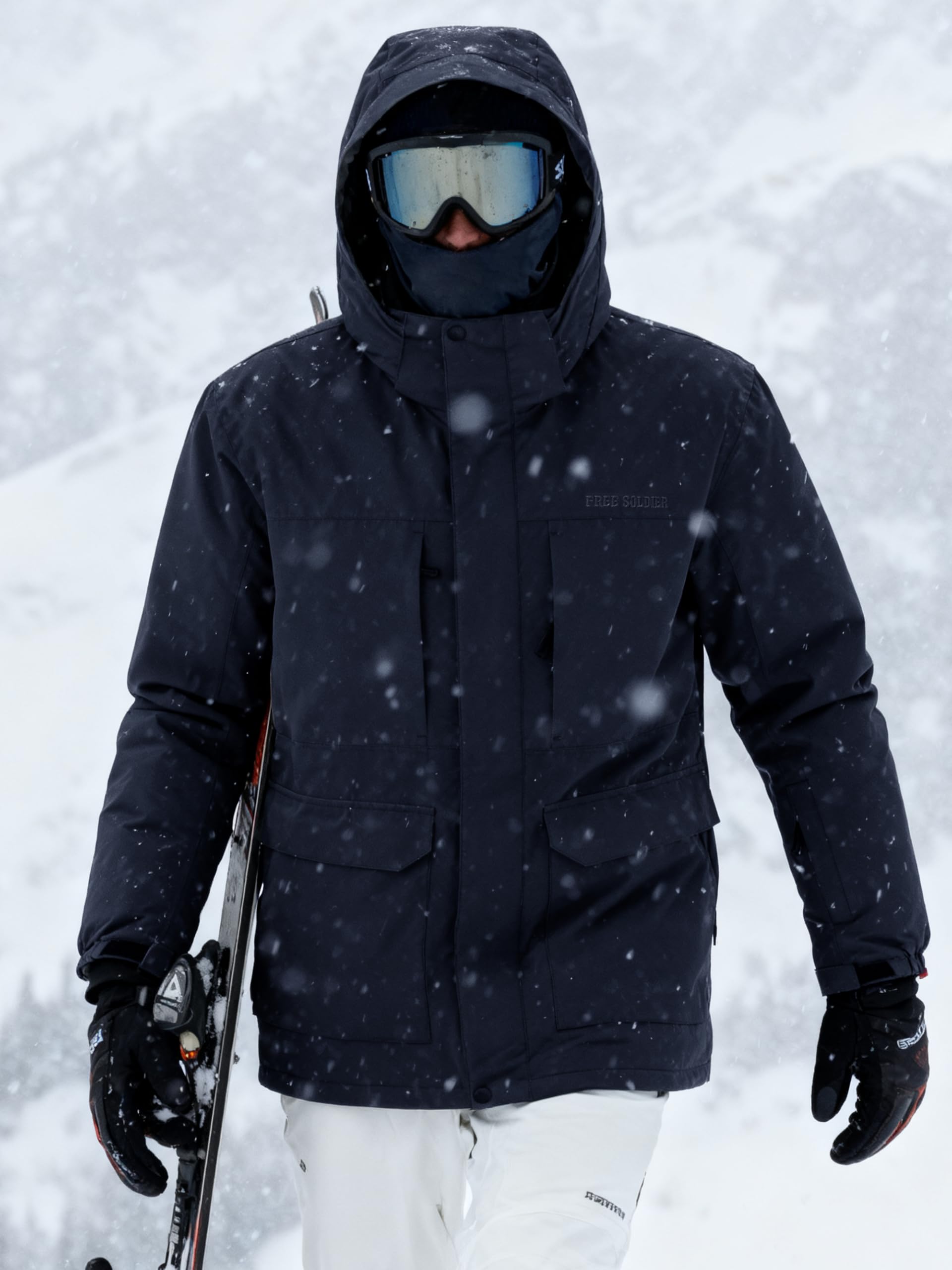 FREE SOLDIER Veste de ski imperméable pour homme avec doublure en polaire, col neige chaud pour l'hiver avec capuche et coutures entièrement étanches