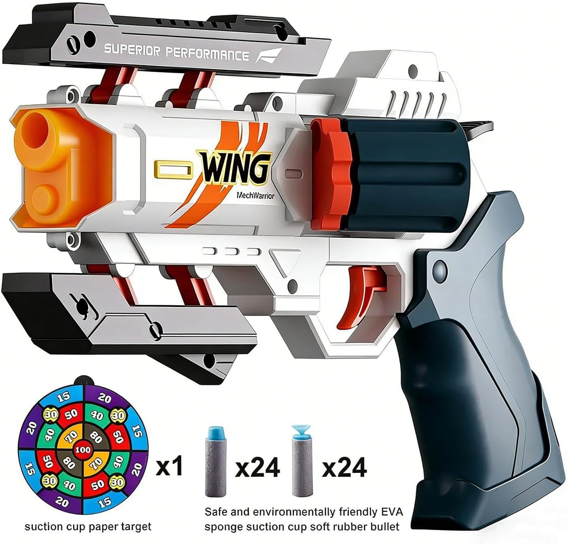Wing Soft Bullet Toy Gun, Sci-Fi Revolver with 24 Flat-Head and 24 Suction Cup Darts, Target Set, Kids Gift