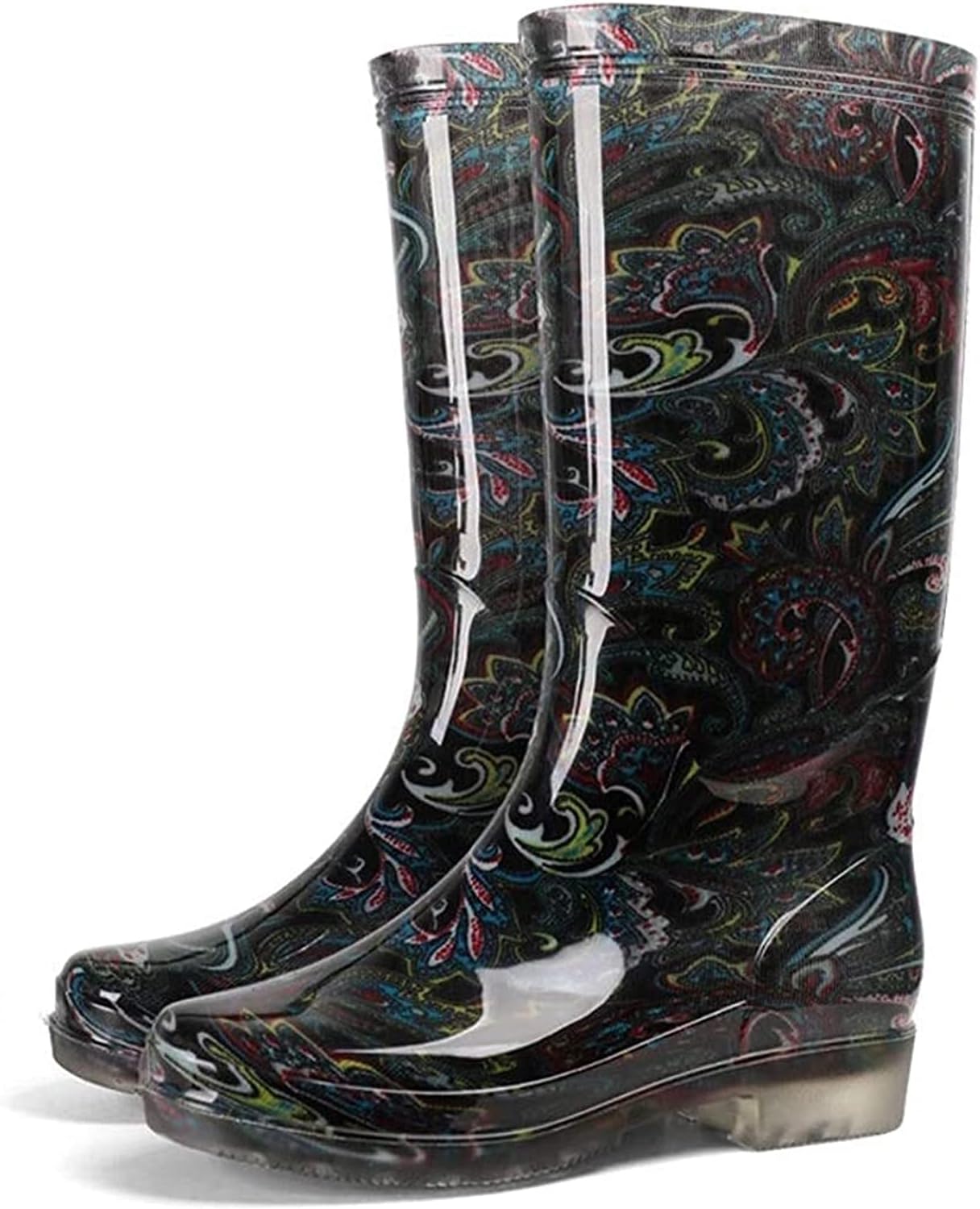 Rain Boots Ladies Fashion Printed PVC Rain Boots Non-slip Wear-Resistant Waterproof Boots Garden Non-Slip Rain Boots (Color : Black Flower Size : 38 EU)