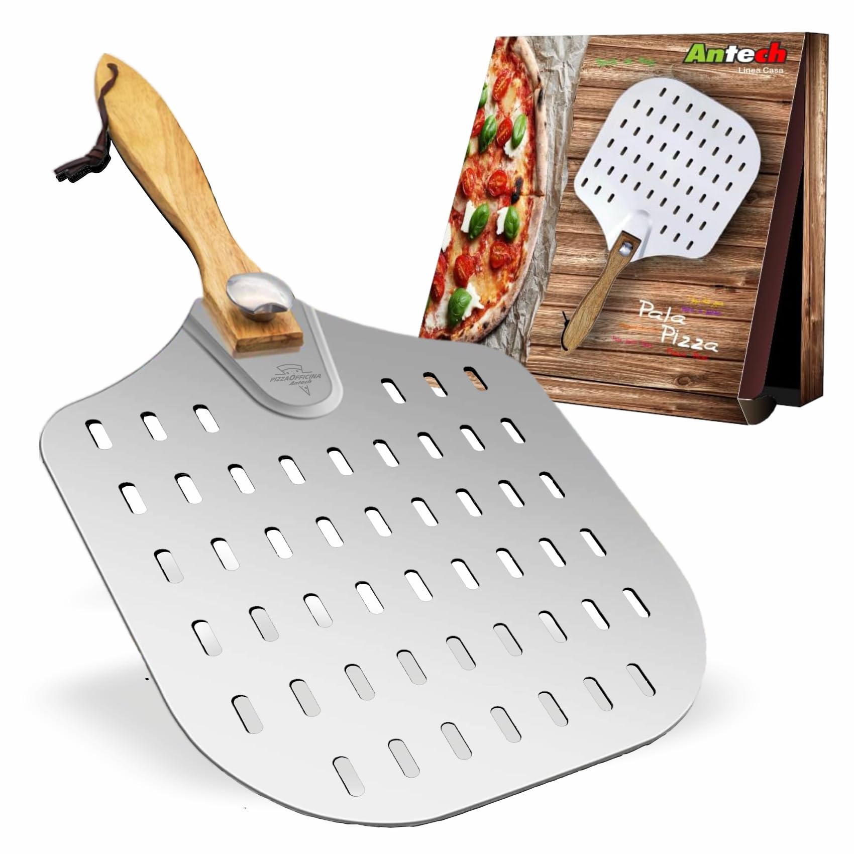 Antech Pala para Pizza Perforada de Aluminio Maxi con Mango Plegable – Perforación Profesional para Horneado Perfecto – Hasta 4 kg – Ideal para Hornos Caseros, Pizzerías y Panaderías